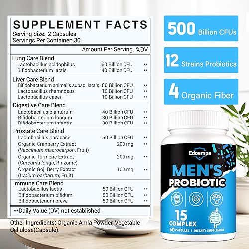 Miniatura 2 de Probióticos para hombres, 500 mil millones de UFC, 12 cepas, probióticos para hombre para la salud intestinal*, digestión, energía, próstata y