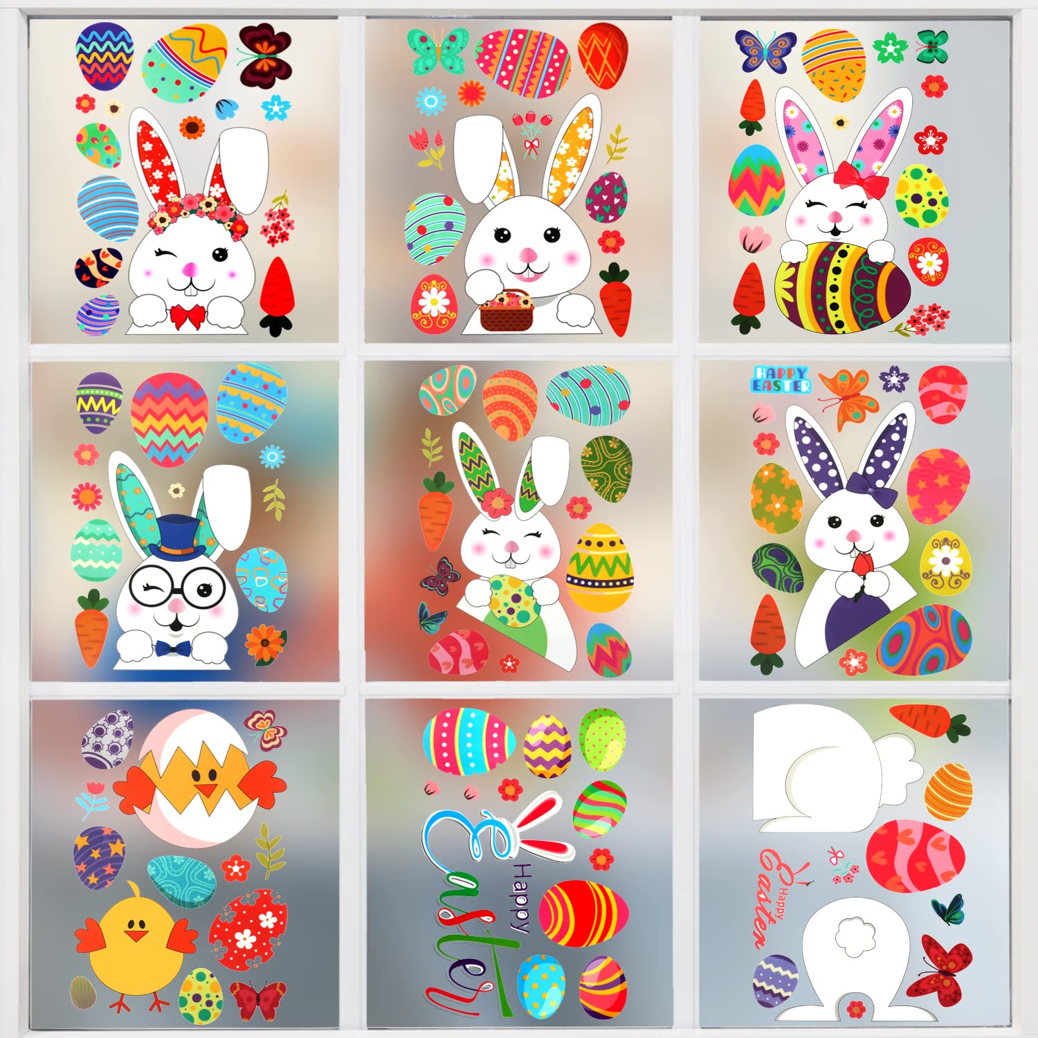 Trixes Multicolour 9Pcs Easter Bunny And Easter Egg Window Stickers – Sticker Decorations For The Home, Office, Kitchen, Party And More – Place On Glass – Rabbit, Carrot, Butterfly, Easter Eggs And Chicks Designs