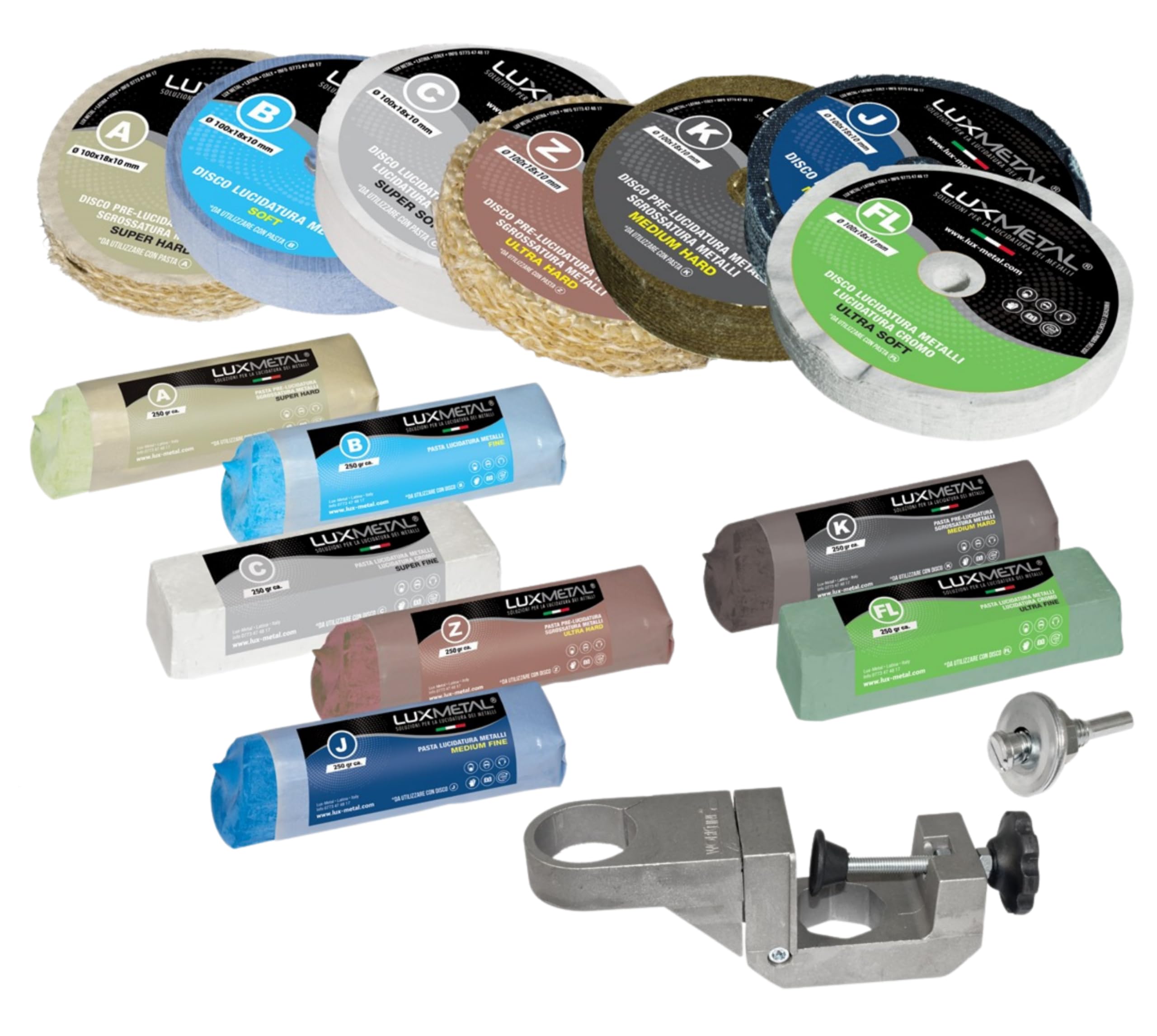 Lux Metal - Kit 7 Disco Lucidante 100 mm e 7 Pasta Abrasiva Lucidante 250 gr + Supporto Trapano - Per Alluminio, Ferro, Acciaio Inox, Bronzo, Marmo - Ruota Lucidatura Metalli Mola Smerigliatrice