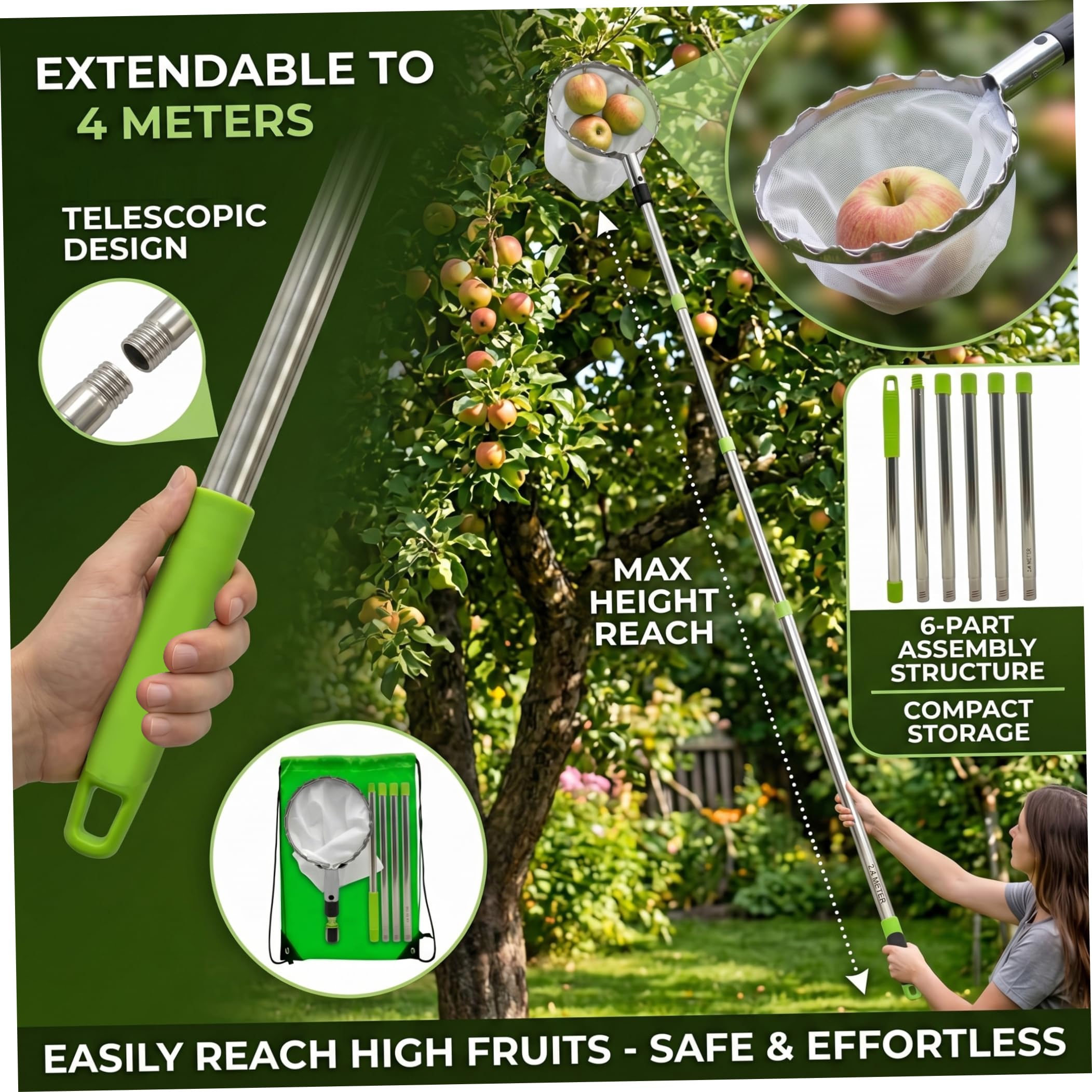 Raccoglifrutta, Asta raccoglifrutta telescopica a 10 sezioni con cestello – estende Fino a 4 m/13, 12 Piedi, Portatile per Mele, prugne, Argento e Verde, Asta con cestello telescopico