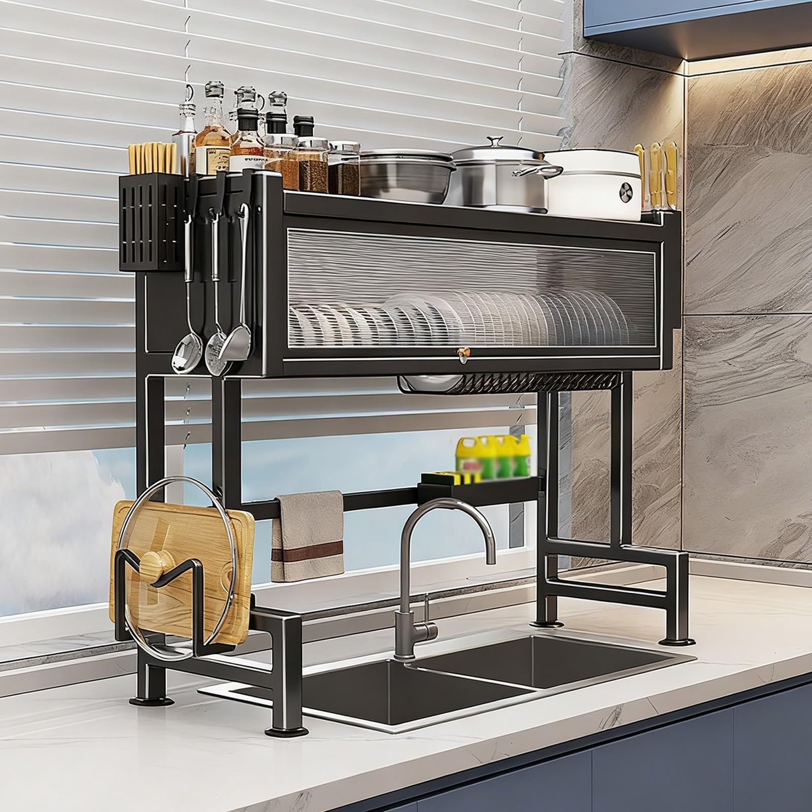 Escurridor de encimera con Tapa Semitransparente y Soportes para Accesorios (Negro, 95 cm/37,4 Pulgadas)