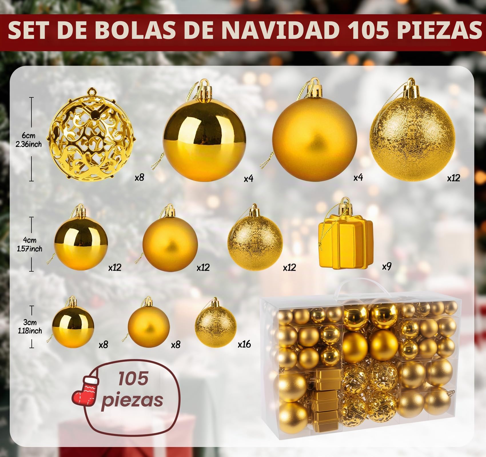 ilauke 105 Bolas de Navidad Doradas de Plástico,Centelleante Bolas Navidad Reutilizable con Cordón,Colgantes y Adornos para árbol de Navidad en Diferentes Tamaños para Navidad Fiestas Bodas-Ø3/4/6CM