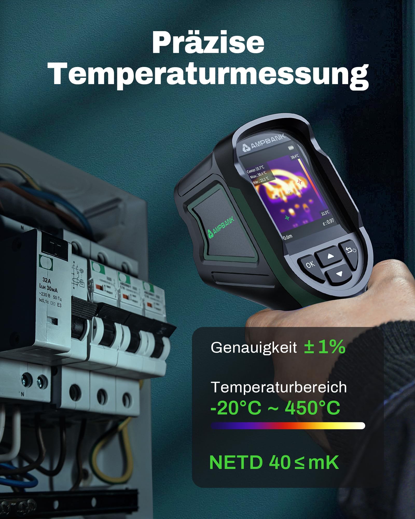 AMPBANK Wärmebildkamera 240x240 TISR-Auflösung, 24-Stunden Akkulaufzeit Handheld Thermal Imaging Camera mit 25Hz Bildwiederholrate, -20℃ bis 450℃, Temperaturalarm, H128 Kompakte Thermal Camera