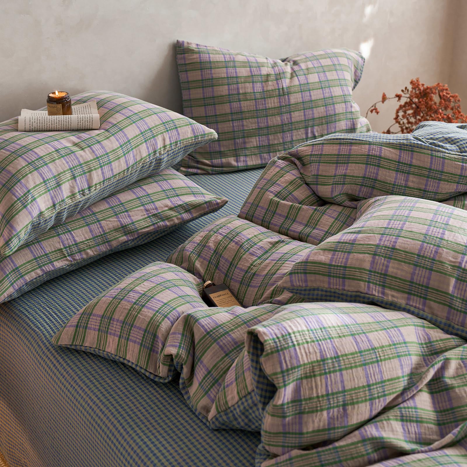 Vintage Buffalo Plaid Duvet Cover Gingham Bedding Set Full 100% Cotton Muslin Duvet Cover Linen Like Soft Green&Pink&Purple Plaid Checkered Comforter Cover Breathable Gauze Farmhouse Grid Bedding Set