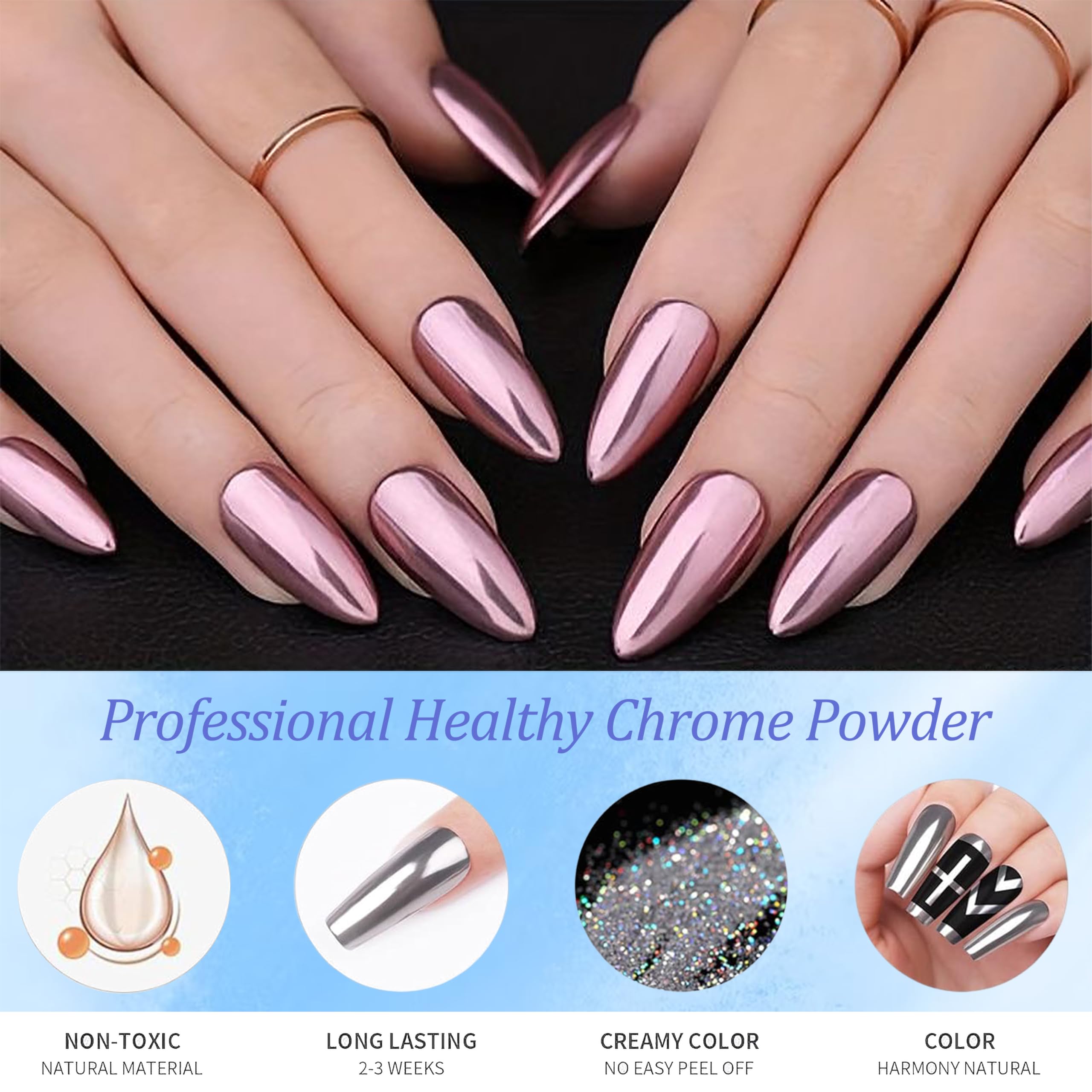 Chrome Nail Powder, 4 kolory, chromowany puder brokatowy, zestaw - proszek do paznokci, proszek do paznokci, błyszczący proszek, efekt lustrzany, DIY