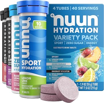 Nuun Energy Caffeine + B Vitamins, Electrolyte Hydration Tablets with Caffeine from Green Tea Extract, Magnesium & 4 Other Electrolytes, Gluten Free, Vegan, Mixed Flavors, 4 Pack 40 Servings Total