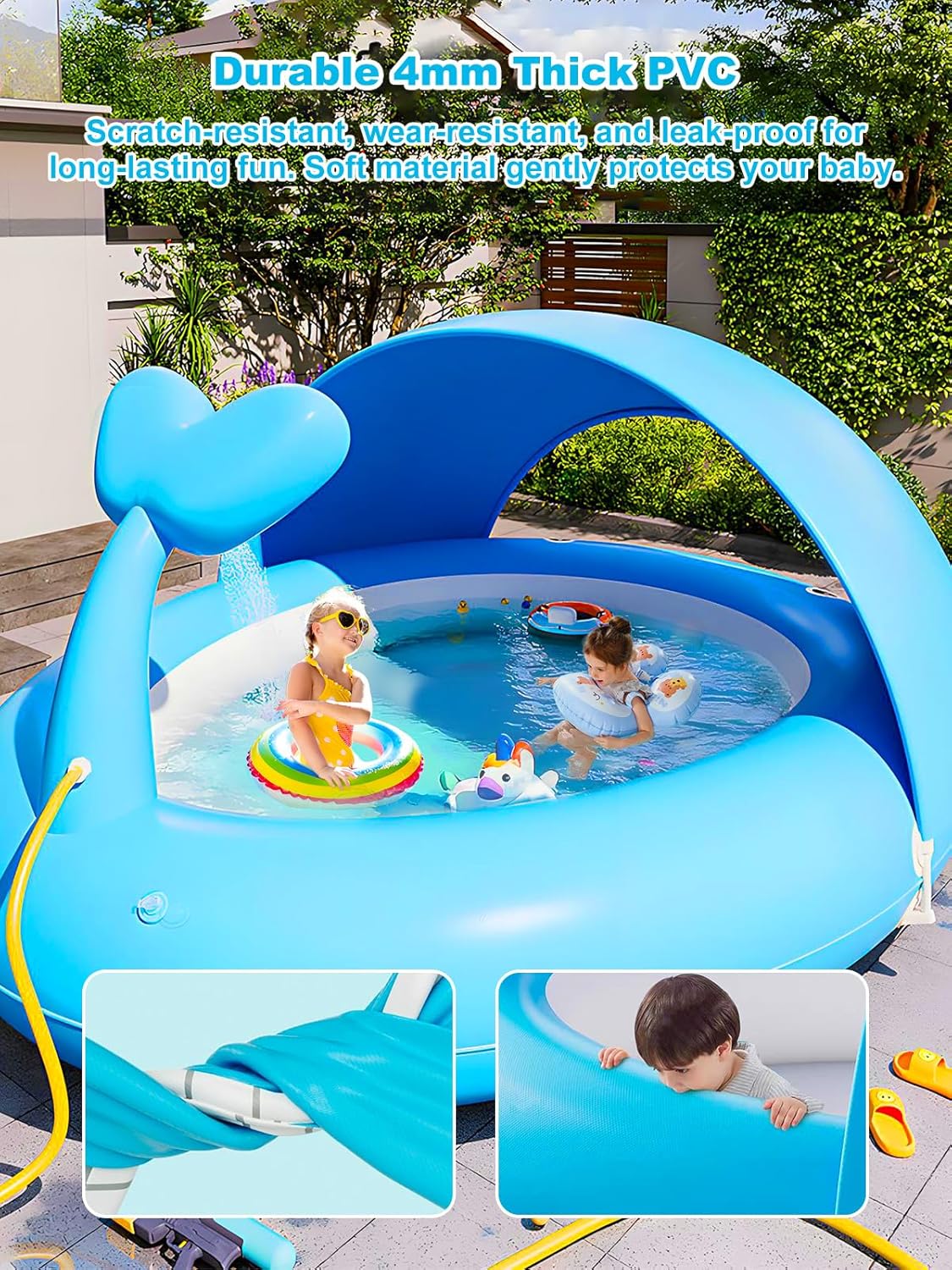 Inflatable Kids Pool with Shower Fountain Blue Whale Sprinkler Pool for Toddlers Portable Kiddie Pool with Detachable Canopy for Children Outdoor Water Play
