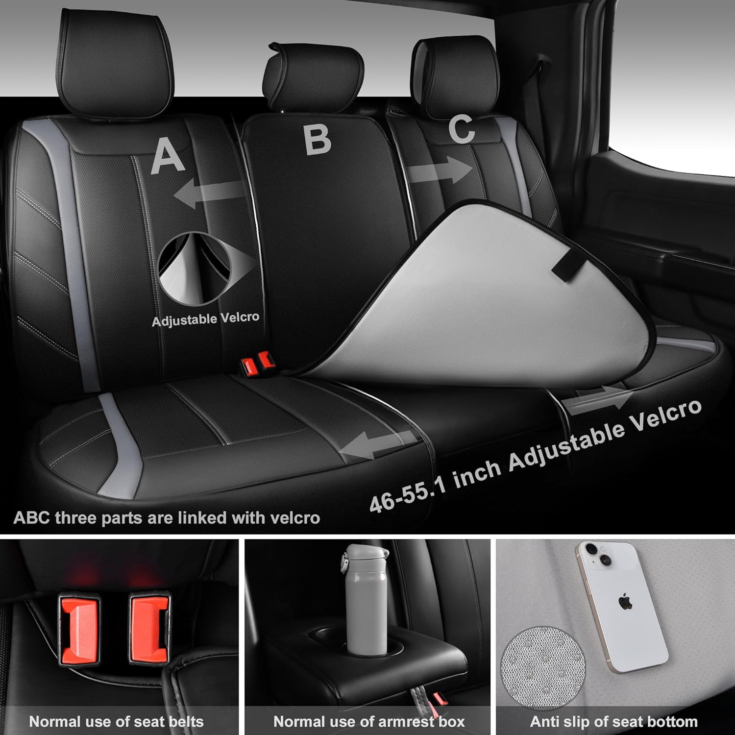 CAR Pass 5 Seats Luxury Leather Seat Covers Full Set, Waterproof Durable Premium Leather Car Seat Covers, Universal Fit for Most Trucks Sedans Vans SUVs Cars Deluxe Sporty (Black and Gray)