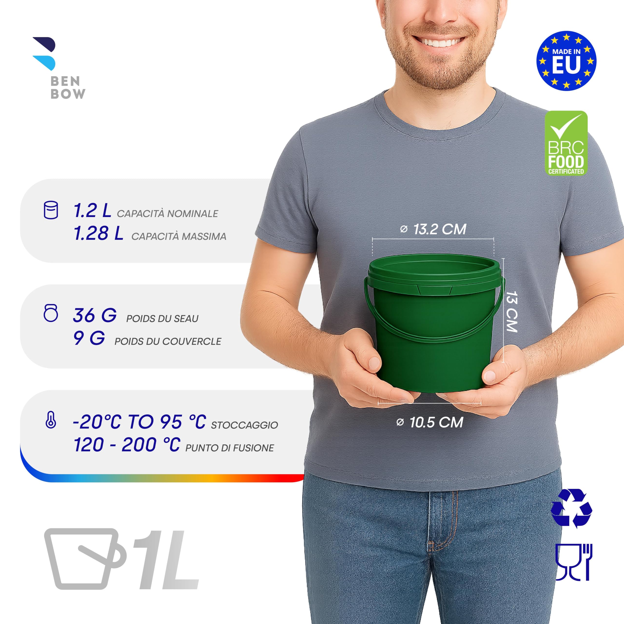 BenBow Cubo con tapa 1l verde 100x 1 litros - apto para alimentos, resistente, hermético, a prueba de fugas, sin olores - contenedor de plástico para almacenamiento, con asa - vacío…