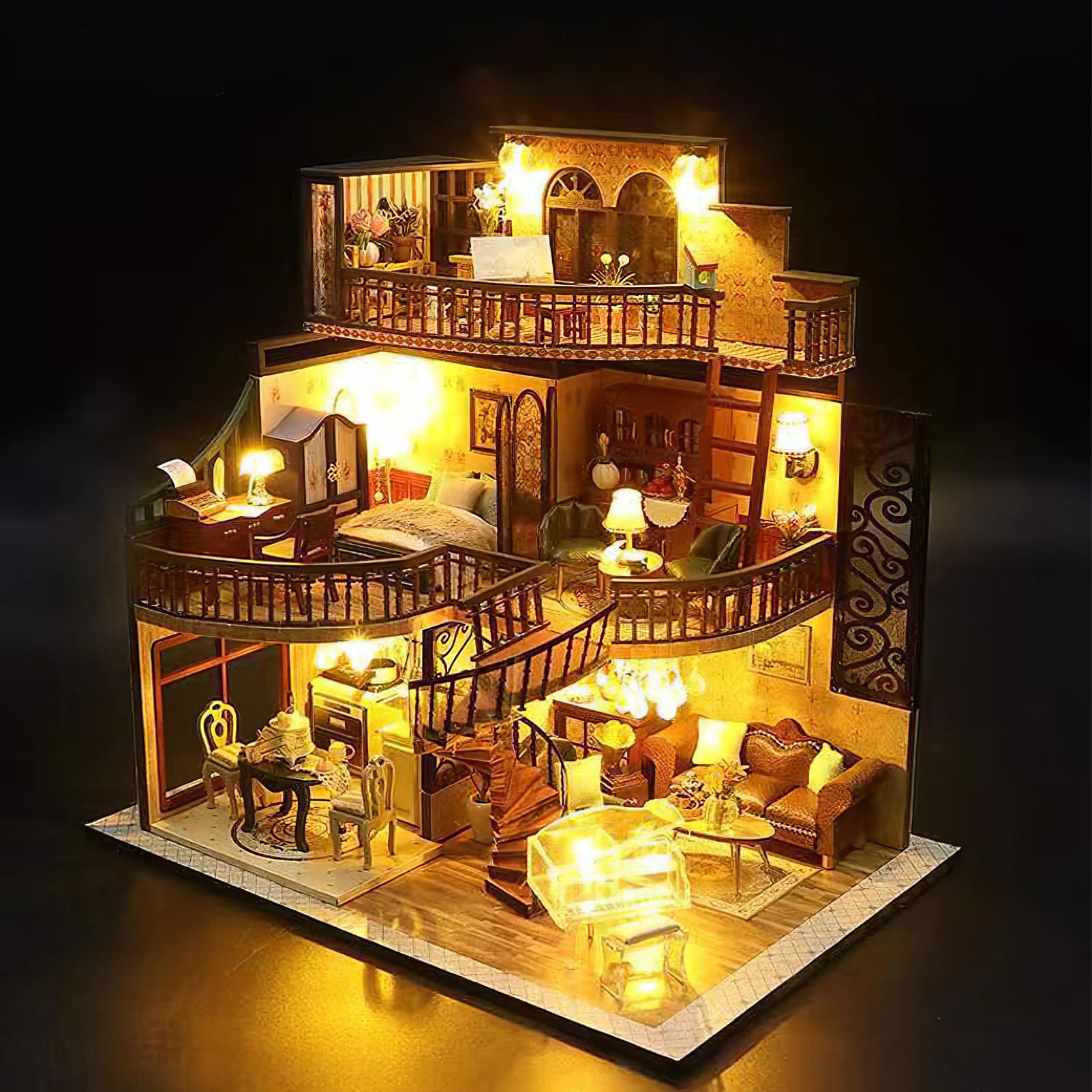 Miniaturowy zestaw domków dla dorosłych, mini budynek domku, miniaturowy zestaw DIY dla dorosłych, drewniany mini domek dla lalek na urodziny, Boże Narodzenie, trzypiętrowy retro loft