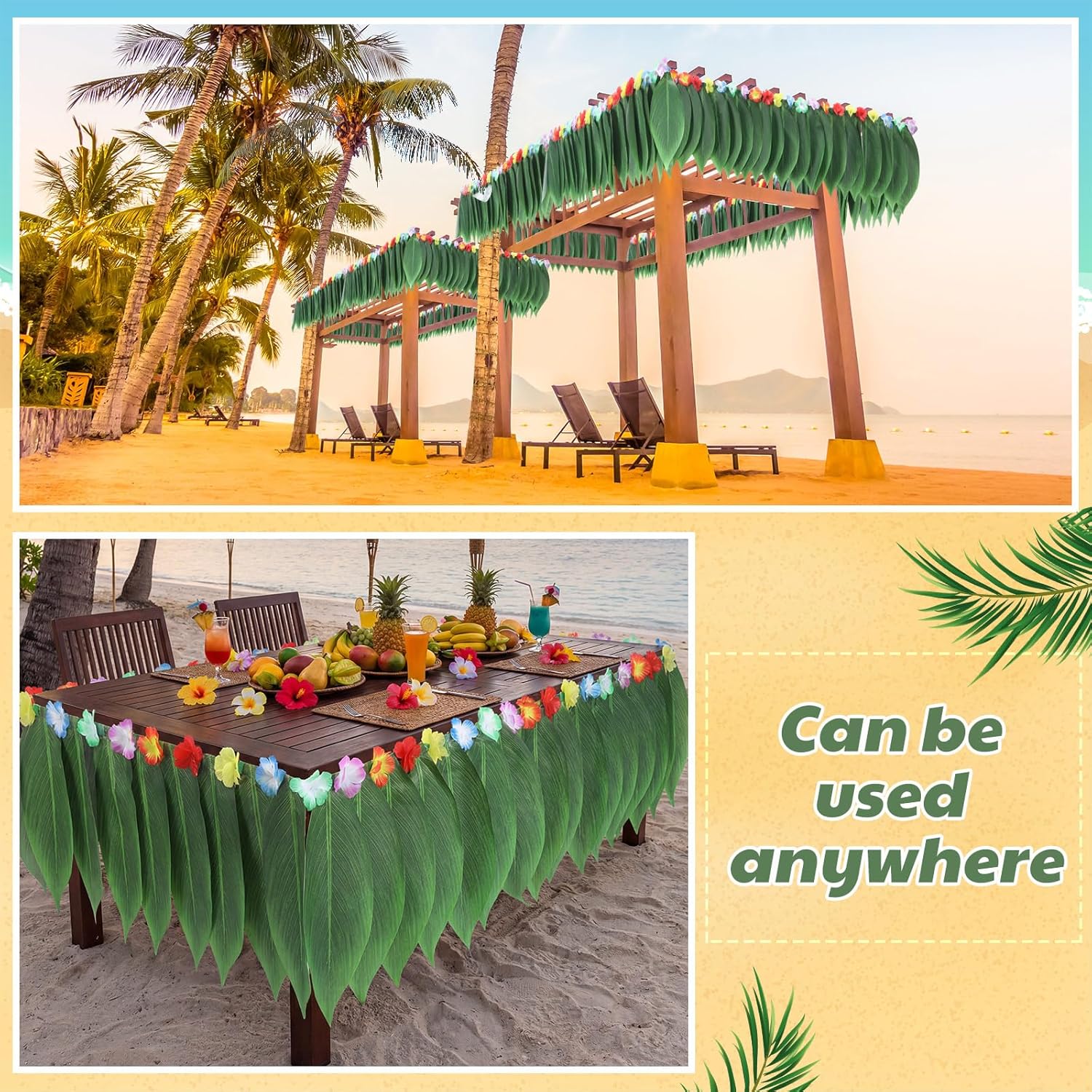 2 Pcs Hawaiian Leaf Table Skirt Luau Ti Leaf Hula Skirt 9 Feet Green Grass Colorful Flower Hawaiian Table Decor for Tropical Luau Party Costume Summer Theme Decorations