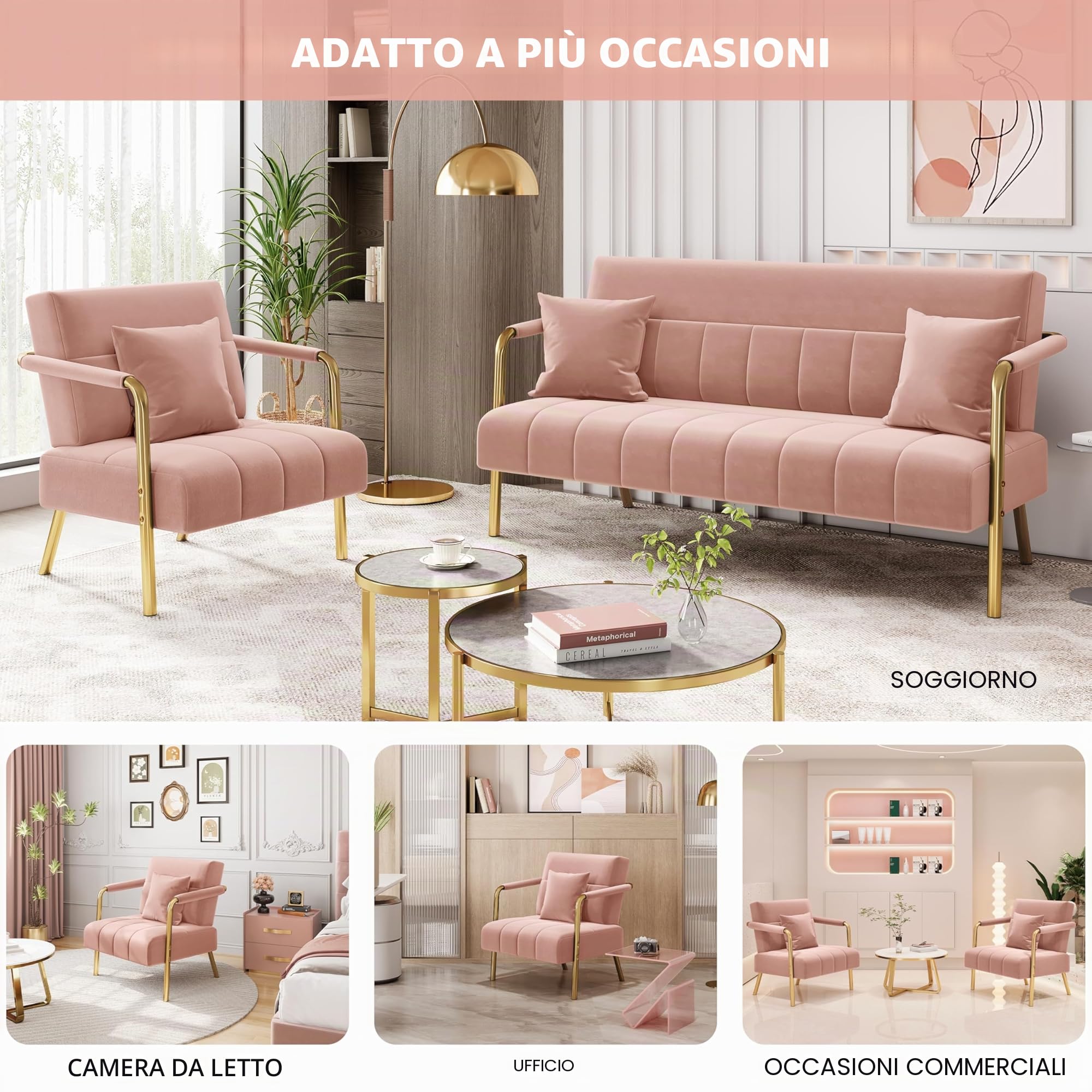 Yaheetech Divano Imbottito con Braccioli Divano Singolo da Salotto 75,5 × 72,5 × 76 cm Sofa Piccolo in Velluto con 2 Cuscini Gambe in Metallo per Soggiorno Sala d'Attesa Ufficio Casa Rosa