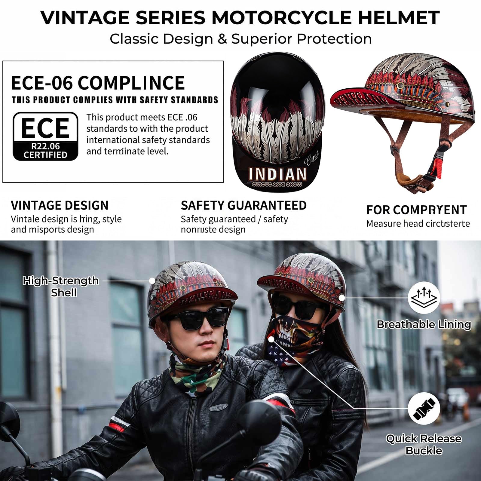 Retro kask motocyklowy styl czapki z daszkiem, ECE 22.06 zatwierdzony, lekka powłoka ABS z wentylacją, oddychająca podszewka, unisex na drogę miejską i wiejską, M-2XL (57-64 cm)