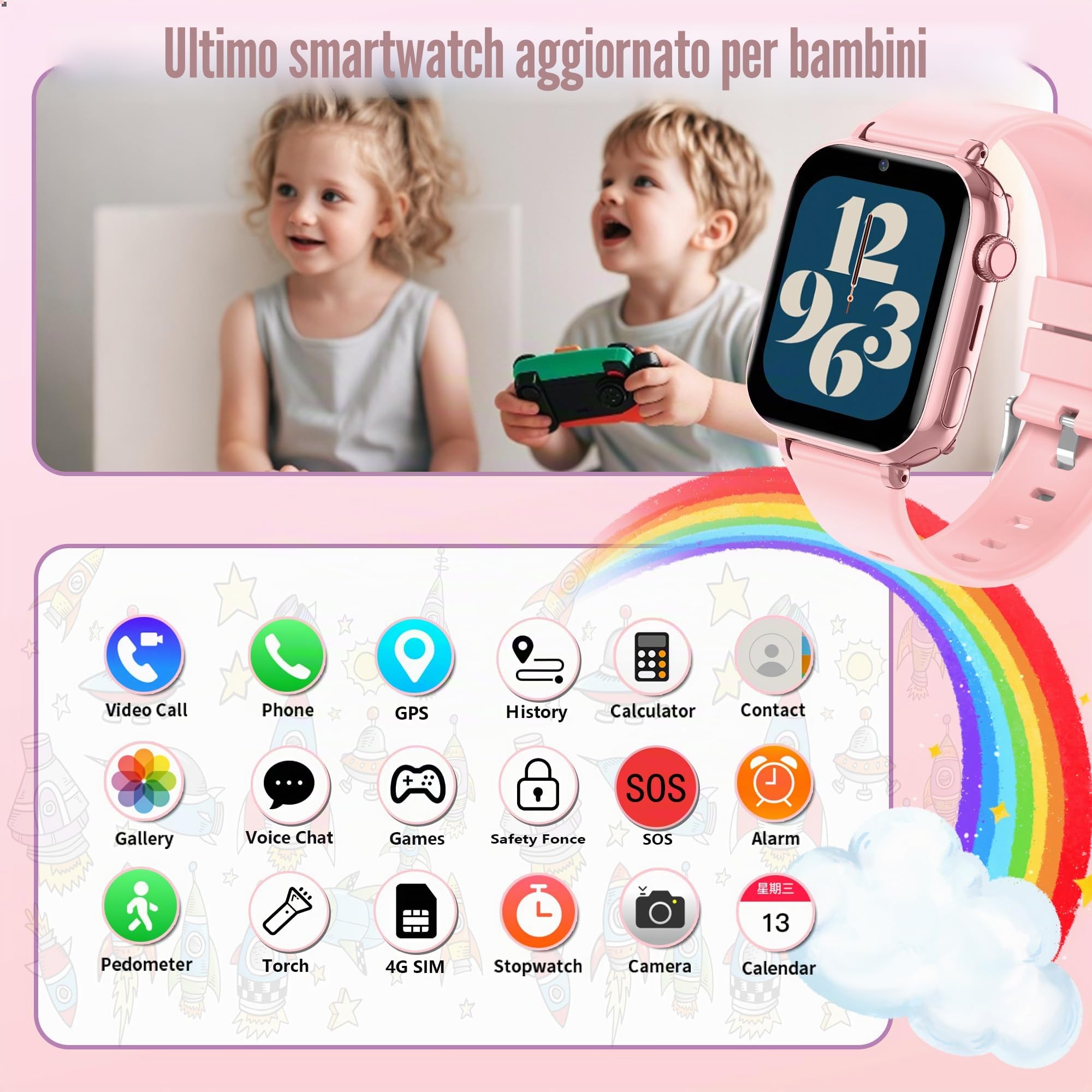 Smartwatch Bambini 4G GPS Videochiamate SOS Voce Chat Fotocamera Regali | posizione in tempo reale, chat familiare, modalità scuola, telefono, giochi, ip68, sveglia, compleanno ragazza ragazzo