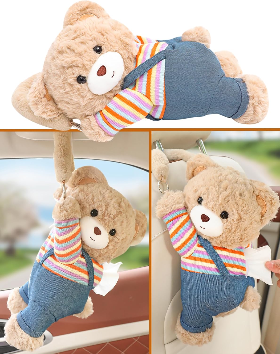 Cute Car Tissue Holder Accessories Animal Teddy Bear Funny Plushie Plush Hanging Tissue Cover Box in Car Decorative Tissue Storage for Home Bathroom Bedroom Office