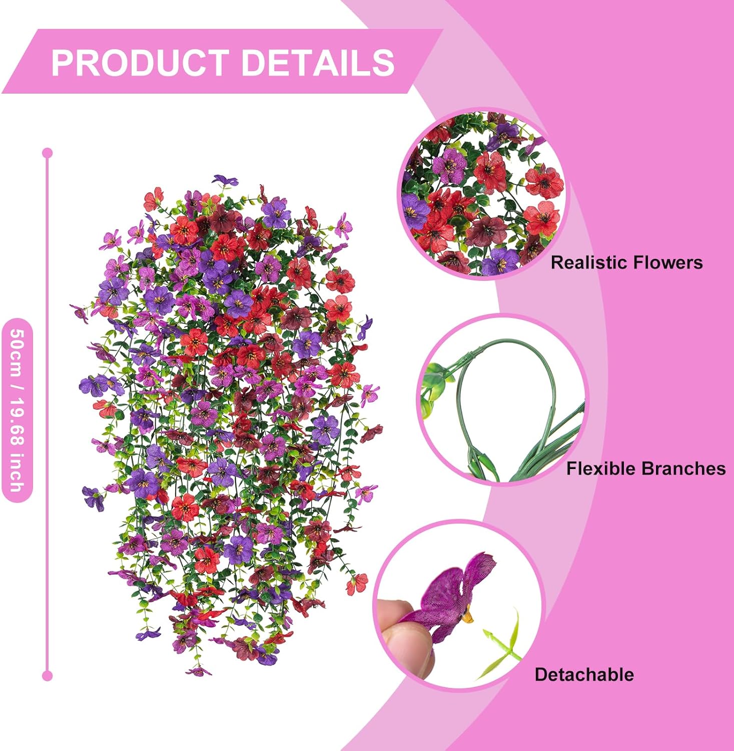 Hrobek Artificial Hanging Plants Flowers for Outdoor Srpring Summer Decoration, 4pcs Fake Realistic Daisy Eucalyptus for Outdoors, Faux Plastic Greenery Indoor Wall Patio Porch Decor,Purple Red Brown
