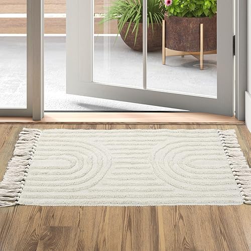 Miniatura 2 de LEEVAN Alfombra de baño bohemia de 2 x 3 pies, hecha a mano, lavable, color beige, con borlas, alfombra de cocina bohemia, alfombra de entrada de