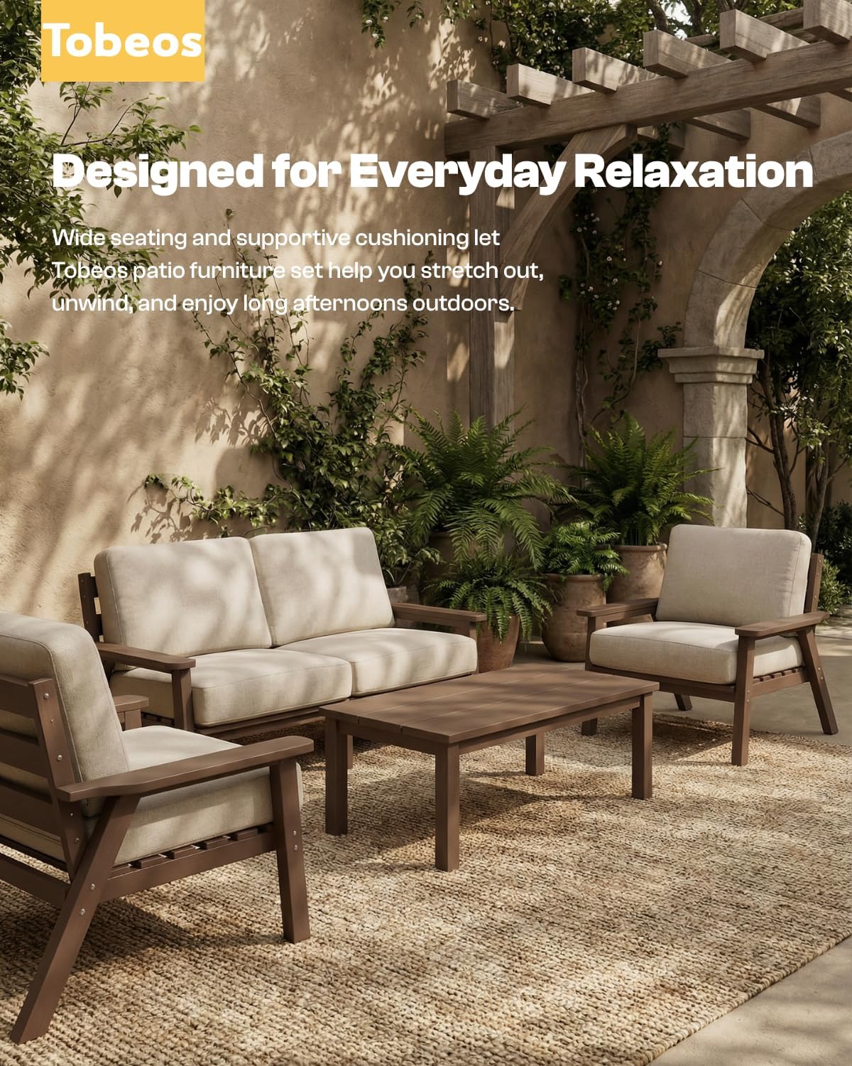 HDPE 5 Piece Patio Furniture Set, Outdoor Couch with Washable Thick Beige Cushions & Coffee Table & Side Table, Outdoor Sectional Furniture for Backyard, Deck, Lawn, Porch (Brown Frame)