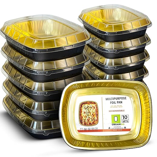 Aluminum Pans with Lids [Microwave-safe] Disposable Gold Aluminum Foil Baking Pans [10 Sets] 8.5"x11" Multipurpose Tin Foil Food Storage Containers with Lids for Cooking, Catering, Freezer Meal Prep