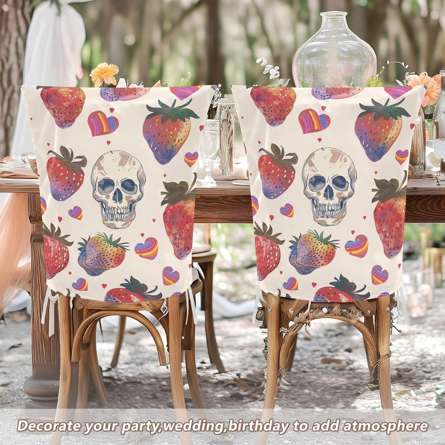 ALAZA Strawberry and Skull Rainbow Hearts Chair Back Cover Set of 6, Washable Reusable Removable Chair Slipcovers Decorative Chair Cover for Home Kitchen Wedding Party