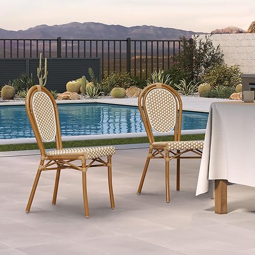 Miniatura 3 de PURPLE LEAF Juego de 2 sillas de comedor para patio, marco de aluminio francés para exteriores, acabado de bambú, ratán tejido ámbar y blanco, para