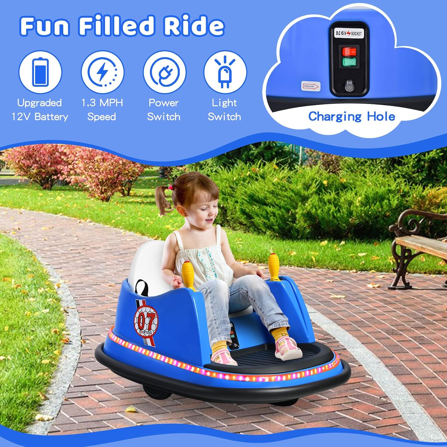 HONEY JOY 12V Toddler Bumper Car, Battery Powered Baby Ride on Bumper Car, Dual Joysticks, Flashing LED Light & 360 Degree Spin, Electric Vehicle Ride on Toys w/Remote Control, Gift for Boys Girls