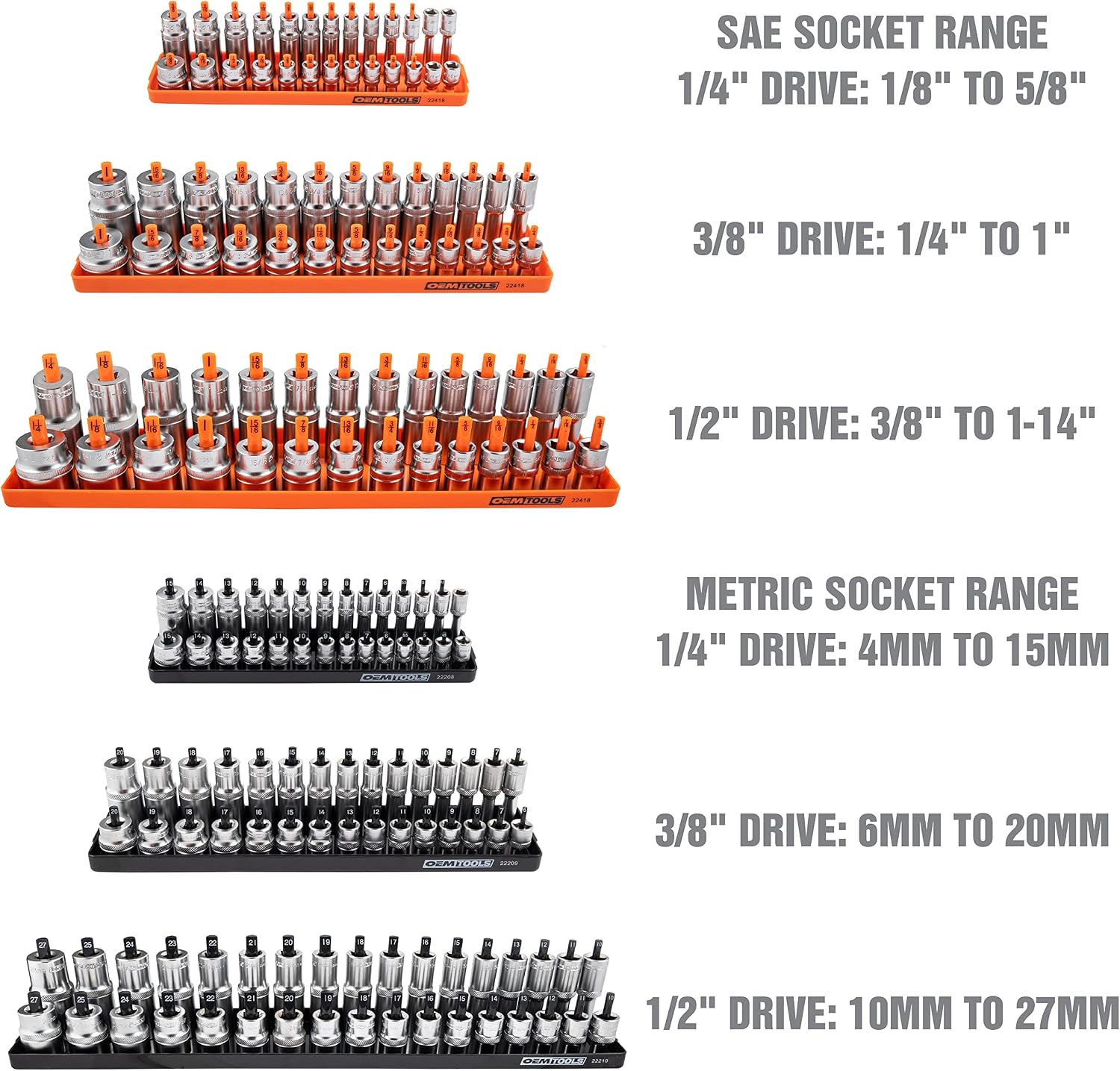 OEMTOOLS 22418 6 Piece SAE and Metric Socket Tray Set, SAE and Metric Socket Storage for Sizes 1/4", 3/8”, and 1/2" Drive, Socket Holders and Socket Organizer Tray for Toolbox, Orange and Black