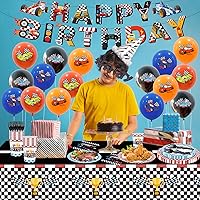 Vista 4 de Juego de vajilla de 98 piezas para fiesta de cumpleaños de coches de carreras, incluye platos de papel y servilletas con bandera a cuadros, juego