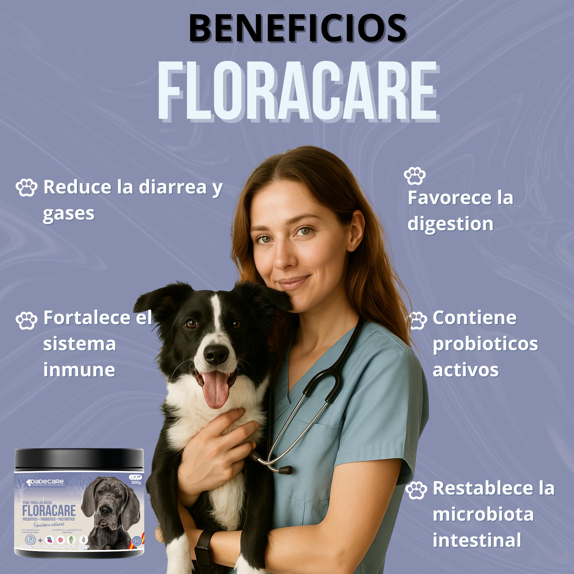 Floracare - Probioticos Perros en Polvo 300g - Repara Flora Intestinal y Mejora Digestión – Reduce Diarreas y Estrés – Ideal Tras Tratamientos o Cambio de Pienso con Prebióticos y Postbióticos