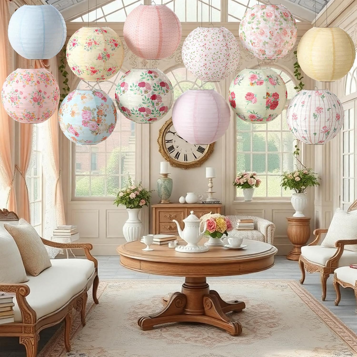 Baquler 12 Pcs Floral Paper Lanterns Tea Party Decorations 10 Inch Wildflower Floral Ceiling Hanging Paper Lanterns for Wedding Bridal Birthday Party Outdoor Festival Hanging Decoration