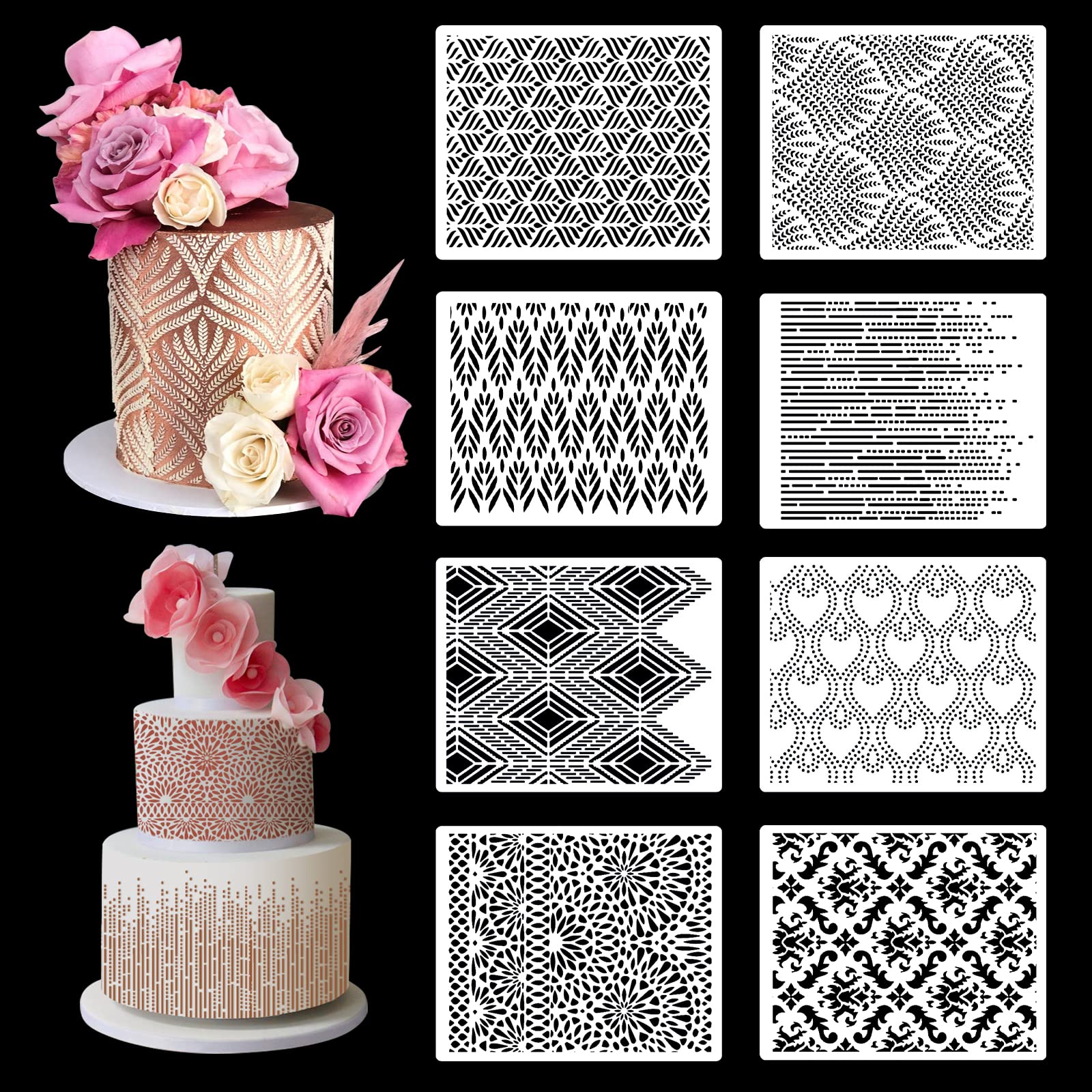 DI QIU REN 8PCS Cake Decorating Stencils & Templates, 8x9.8Inches Large Floral Cake Printing Fine Hollow Lace Cookie Fondant Dessert Cake Templates, Side Baking Mesh Stencil Tool for Cake Decor