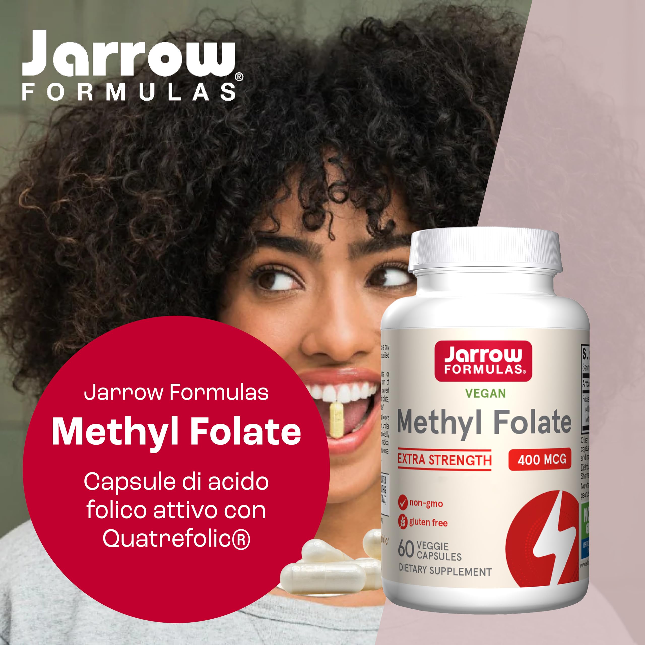 Jarrow Formulas, Methyl Folate (5-MTHF), 400mcg, Acido Folico, 60 Capsule vegane, Testate in Laboratorio, Senza Glutine, Vegetariane, Senza Soia, Non OGM