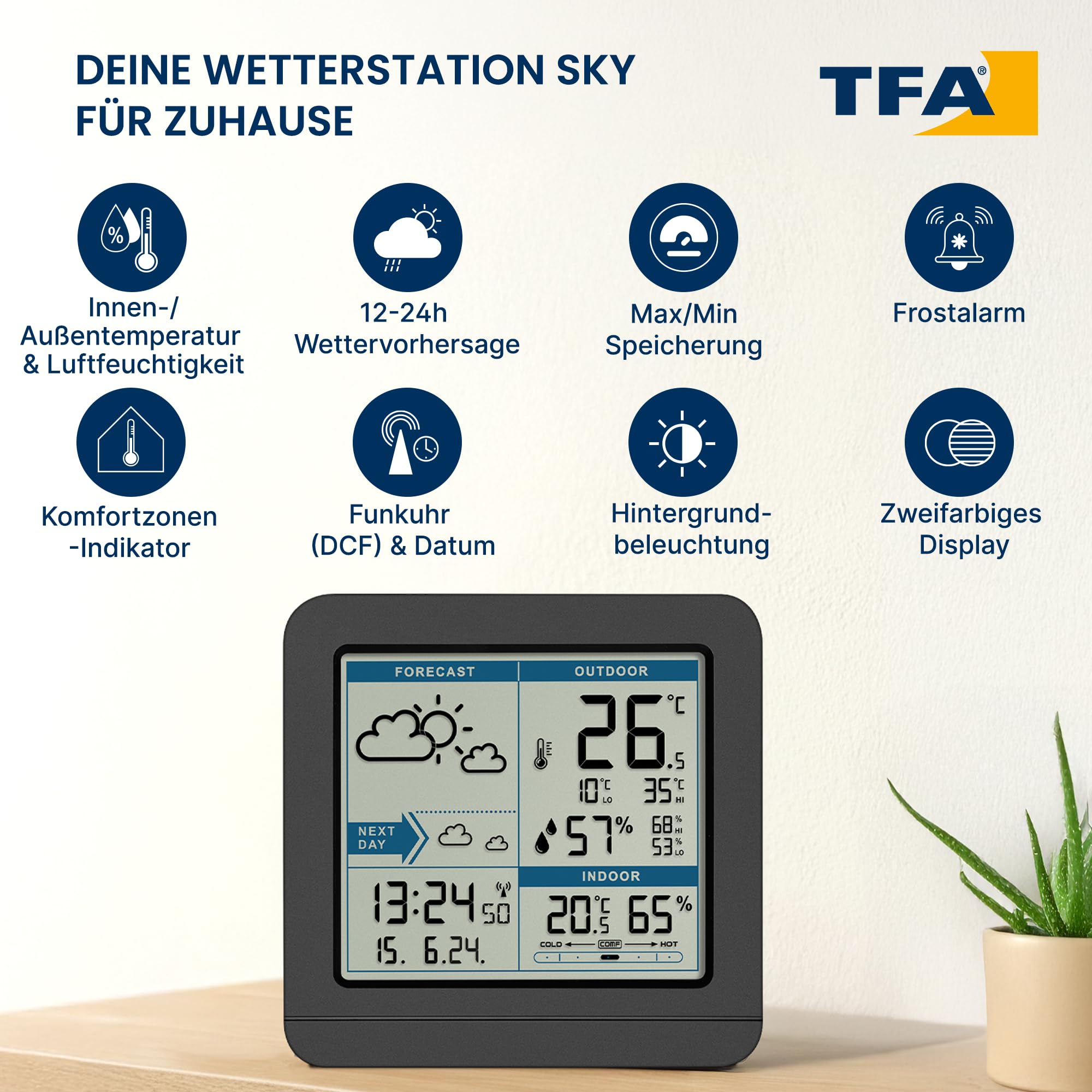 TFA Dostmann digitale Funk Wetterstation SKY, 35.1152.01, mit Außensensor, Temperatur & Luftfeuchtigkeit innen/außen, Wettervorhersage, Höchst- und Tiefstwerte, Funkuhr, 123 x 52 x 117 mm, schwarz