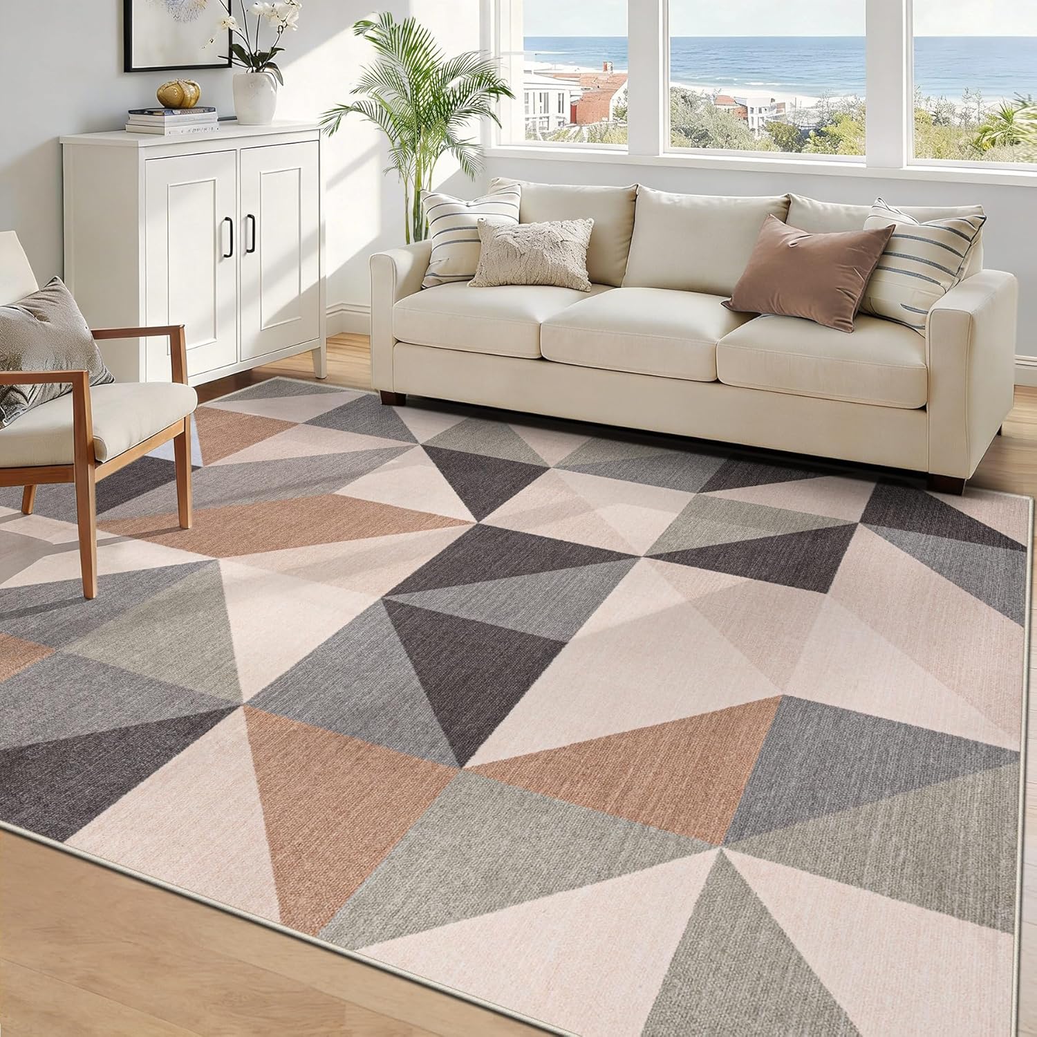 Washable Rug 8x10 Area Rugs: Modern Geometric Area Rug for Living Room Non-Slip Neutral Soft Carpet Low Pile Stain Resistant Indoor Rugs for Bedroom Nursery Dining Room Office (Light Blue, 8'X10')