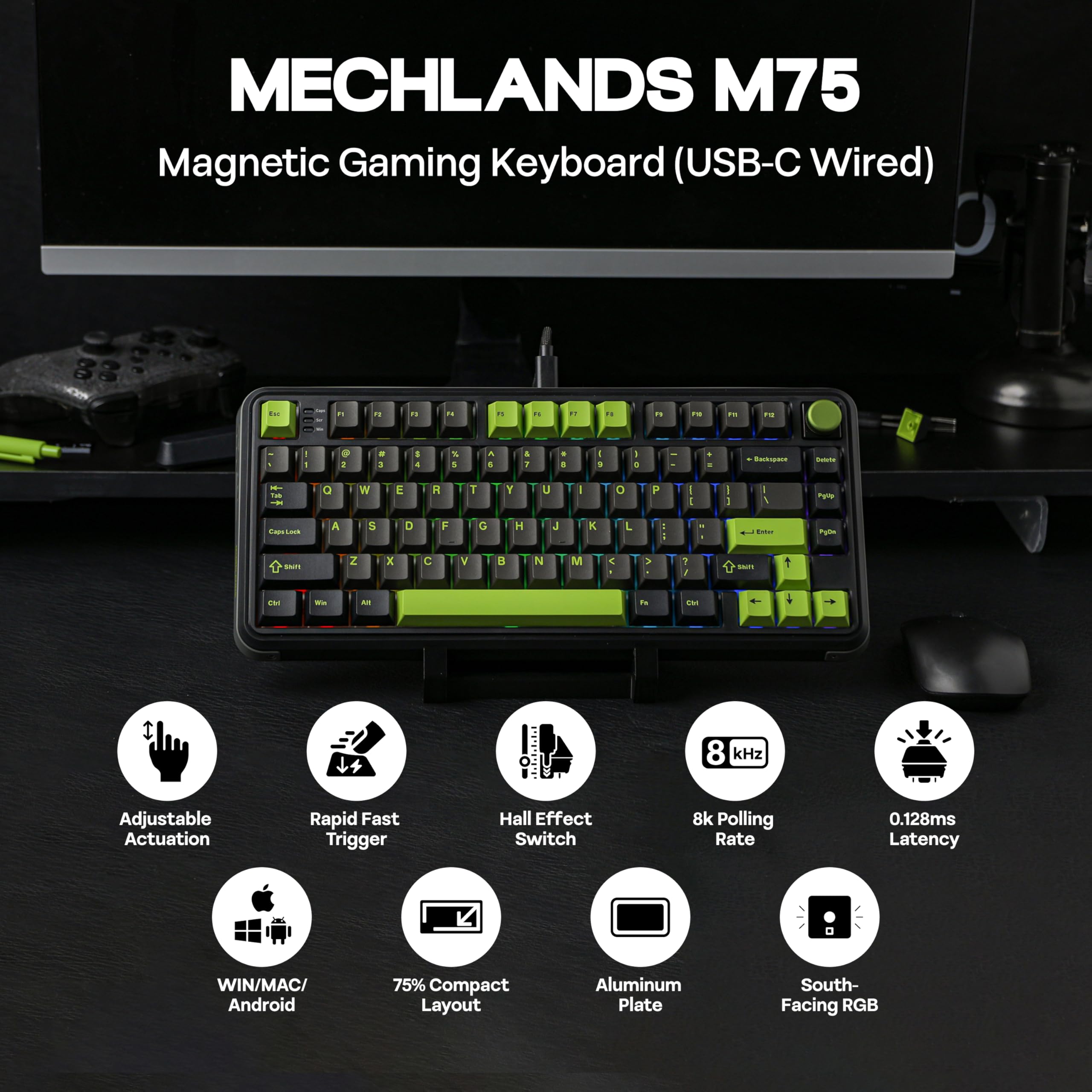 MechLands M75 - Tastiera da gioco cablata con effetto Hall, frequenza di polling 8K, latenza 0,128 ms, tastiera rapida del 75% con DKS/MT/TGL/SOCD, interruttore magnetico sostituibile a caldo