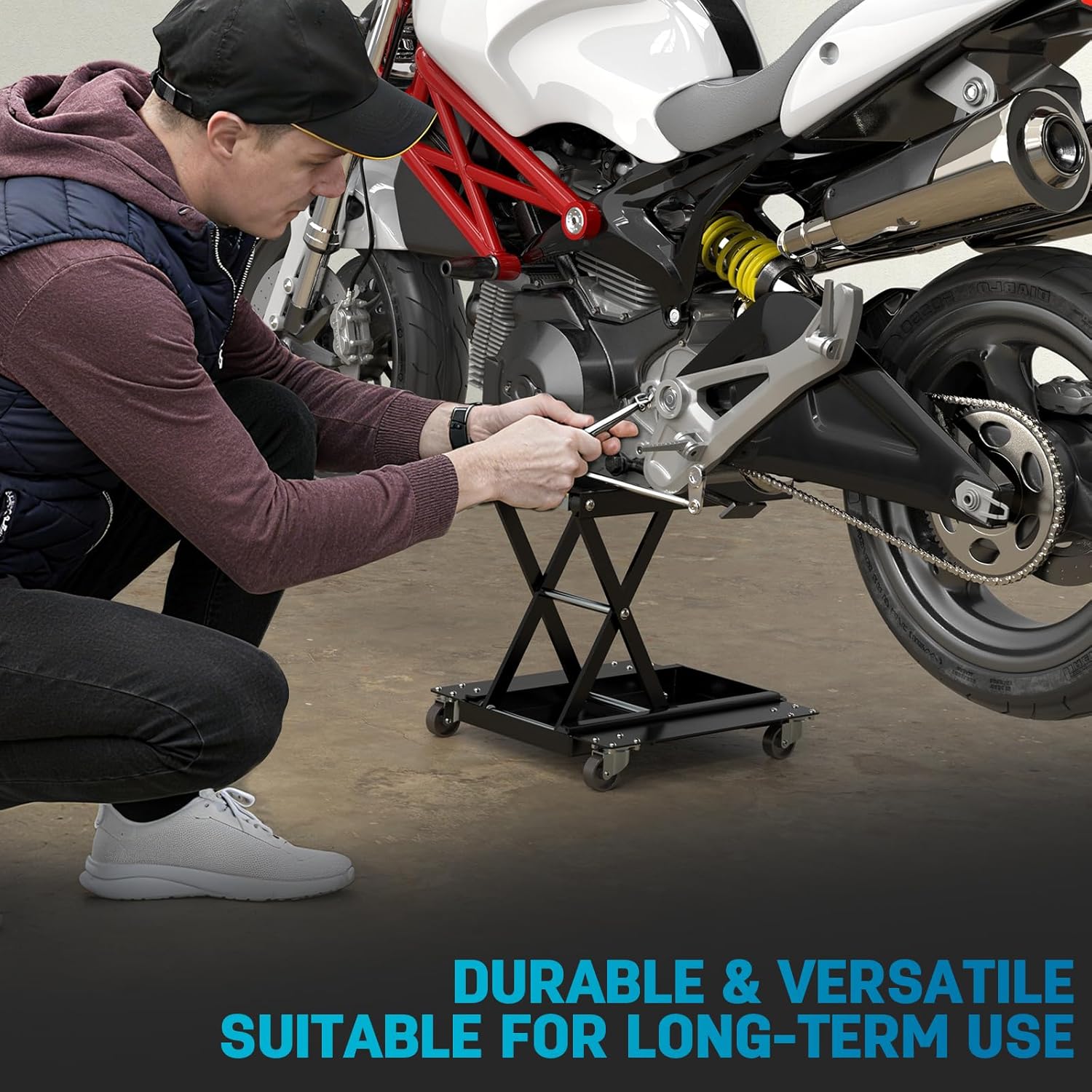 Heavy-Duty 1100 LBS Motorcycle Lift Stand with Dolly & Wide Anti-Slip Deck, Black Steel Motorcycle Jack Stand Scissor Lift with J Crank Handle & Socket for Cruisers, Street Bikes, ATVs & Motorcycles