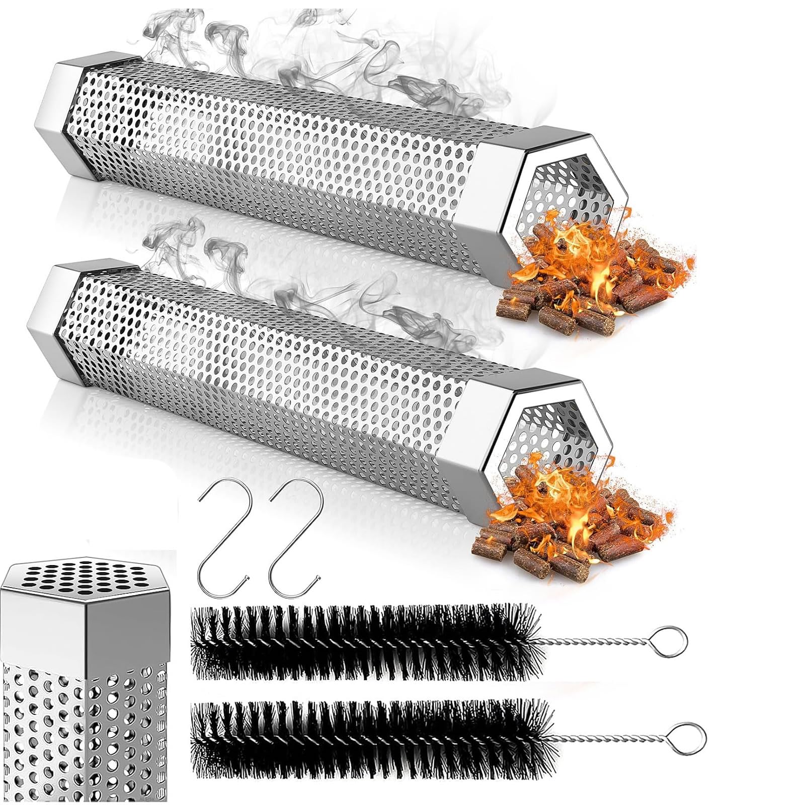 Hexagon Pellet Smoker Tube,12 inch Stainless Steel BBQ Wood Pellet Tube for Cold Smoker,5 Hours of Billowing Smoke-for Any Grill or Smoker,with 2 S Shape Hooks+2 Cleaning Brush (2 pack tube).