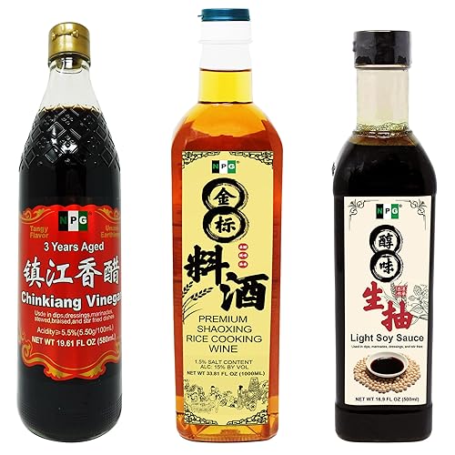 Chinkiang Vinegar 19.61 fl oz, Premium Shaoxing Cooking Wine 33.81 Fl Oz (1000ml), Light Soy Sauce 16.9 fl oz