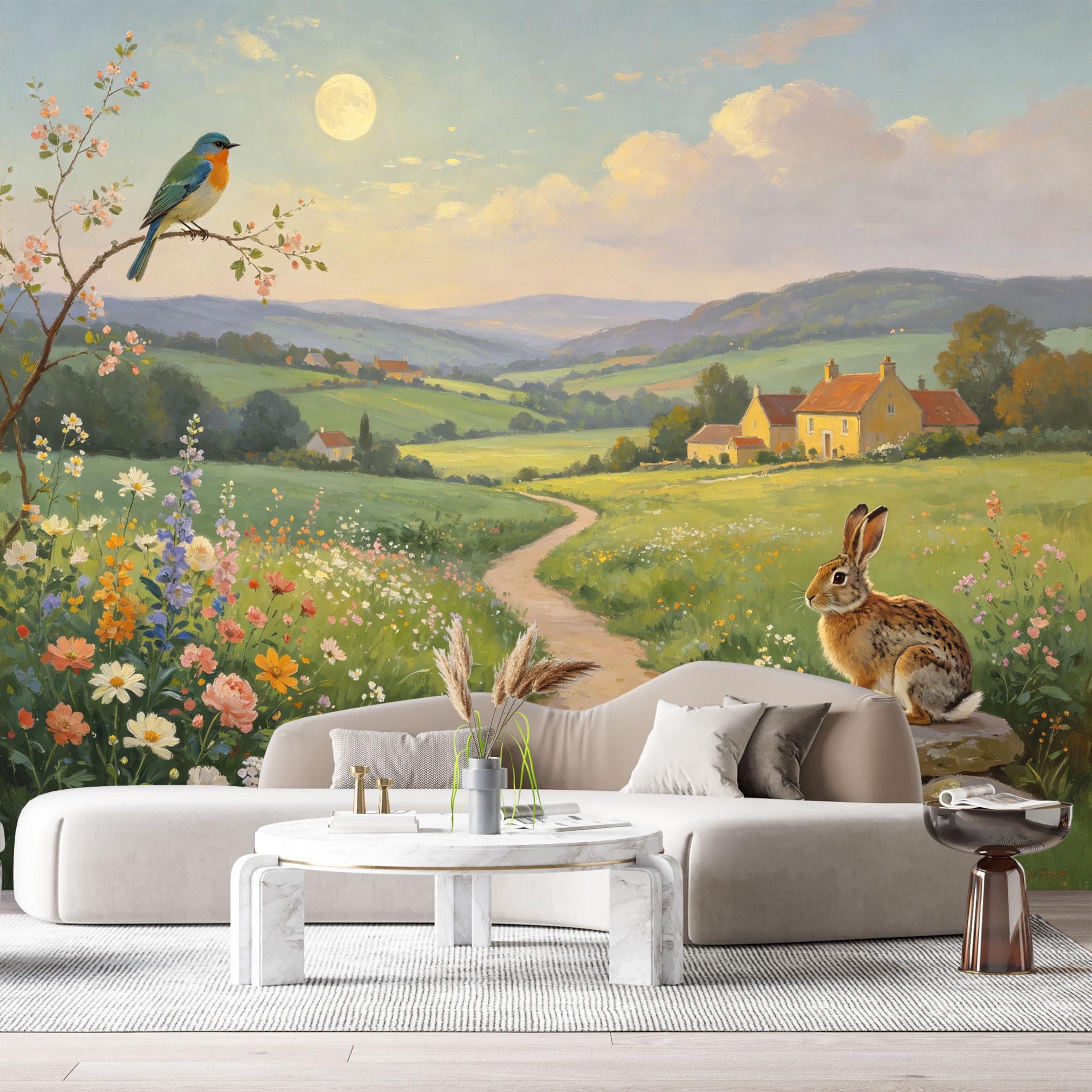 Custom Size Wall Murals Farmhouse Landscape Oil Painting Meadow Wildflower Bluebird Rabbit Cottage SelfAdhesive Wall Fabric Removable Large Wallpaper for Photo Living Room
