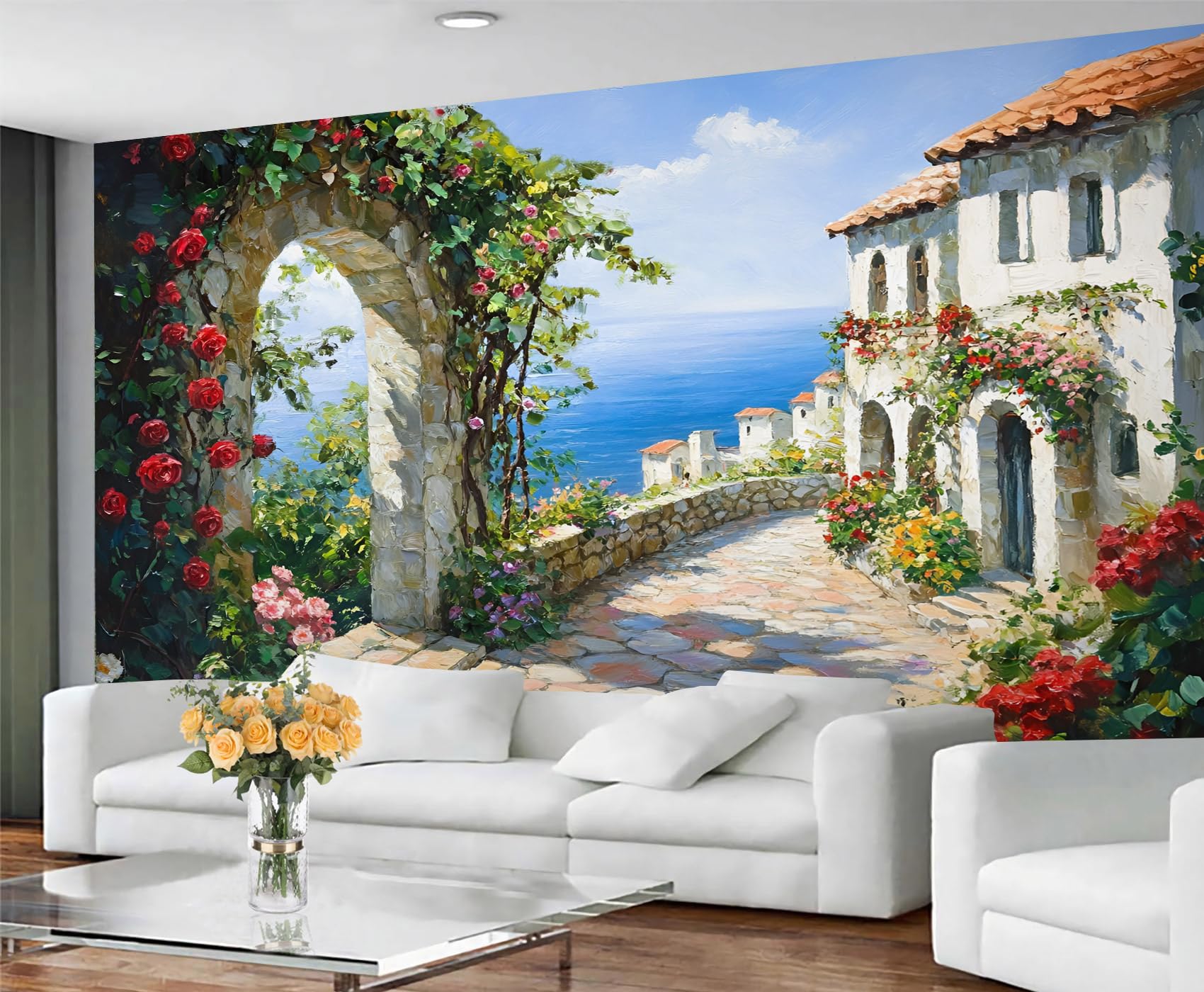 GIVLWF Coastal Wallpaper & Home Decor, Spring Town Wallpaper for Living Room, European Bedroom Wall Paper, Wall Mural & Room Decor - Non Self Adhesive