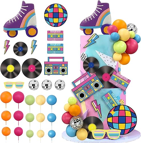 30 adornos para tartas de los años 80 y 90, decoraciones retro de hip hop, decoraciones de pasteles de bolas pastel para niños o niñas, 80 y 90,