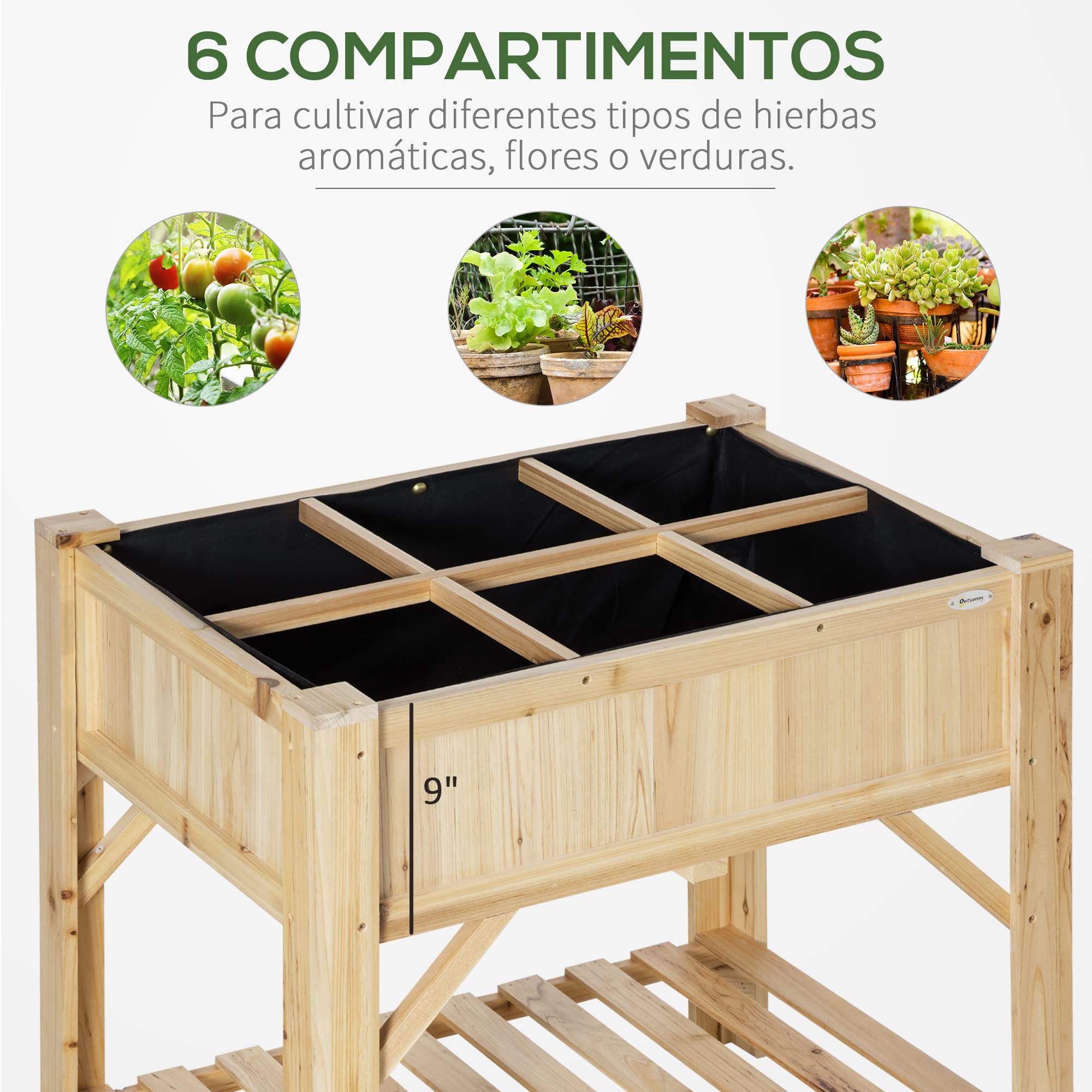 Outsunny Huerto Urbano de Madera Mesa de Cultivo con 6 Compartimentos y Estante Inferior para Plantas Flores en Jardín Terraza Exterior Carga 80 kg 78,5x58x81 cm Color Natural