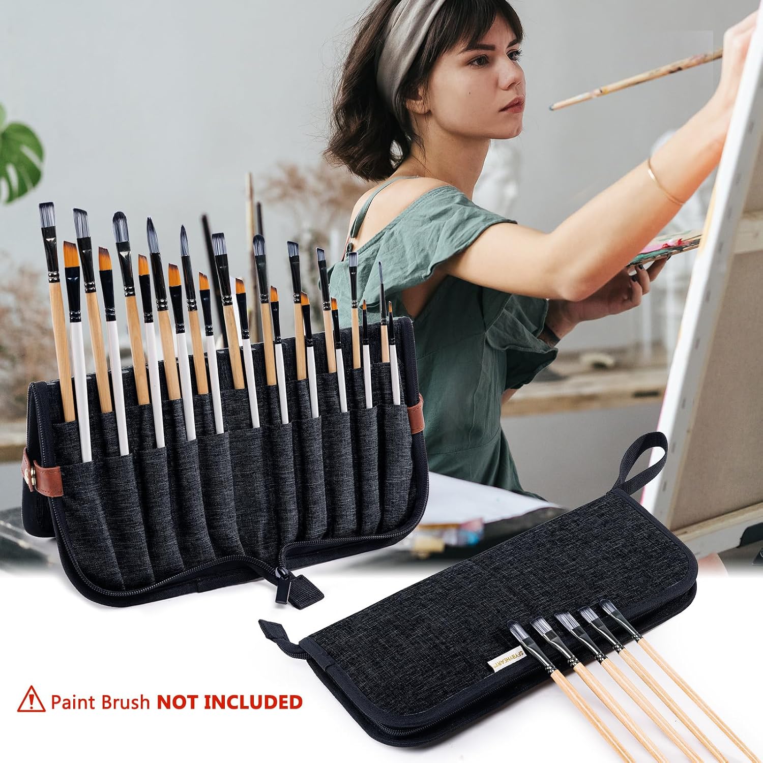 Paint Brush Holder Case for Artists with 22 Slots, Brush Organizer with Pop-Up Stand, Travel Paintbrush Storage Bag for Acrylic Oil Watercolor, Zippered Art Brush Cover (Brushes Not Included)