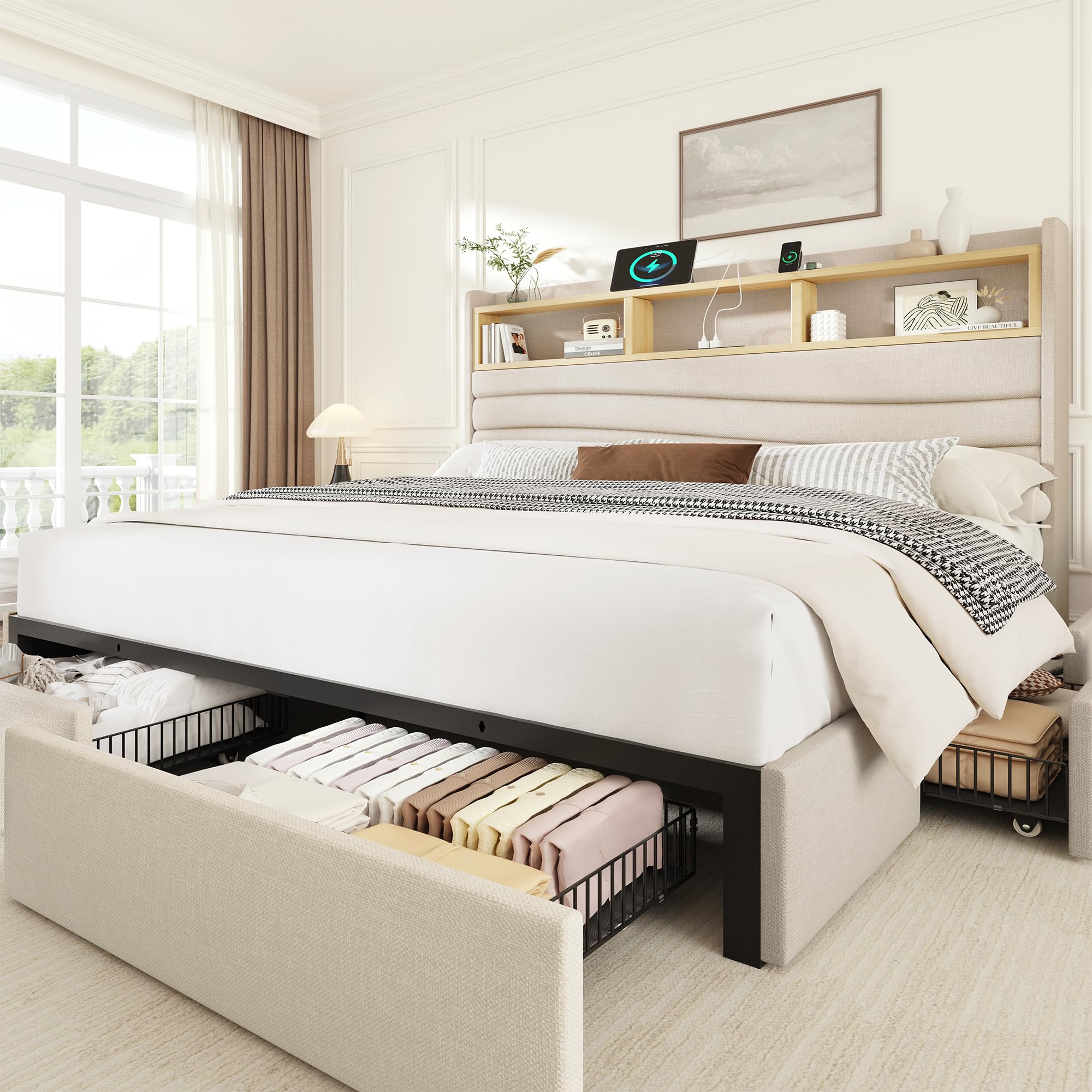 King Size Bed Frame with 6 Storage Drawers Linen Upholstered Platform Bed with Charging Station 2-Tier Wave-Shaped Headboard