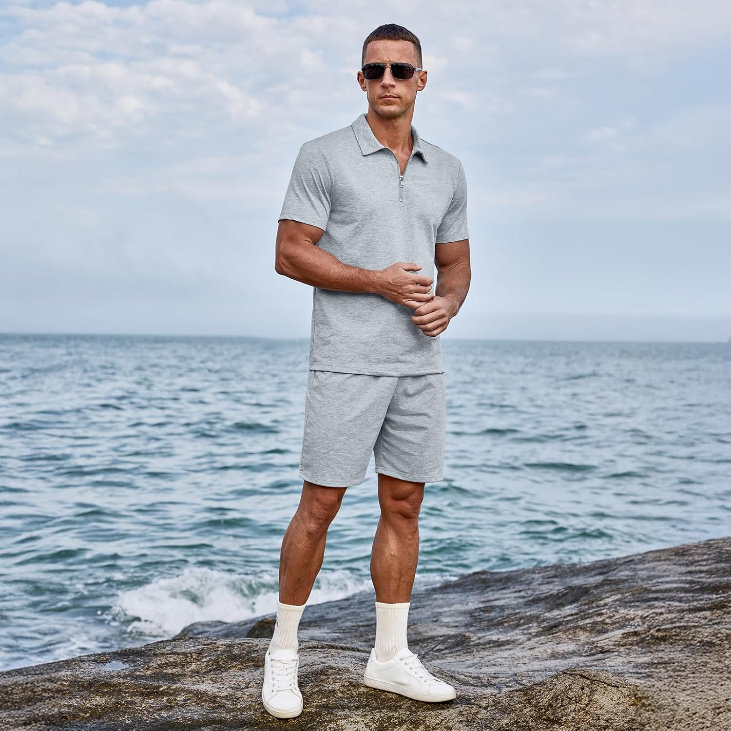Uni Clau Mens Summer Track Suits 2 Piece Shorts Sets Short Sleeve Sweatsuit Outfits Zip Golf Casual Polo Shirts and Shorts