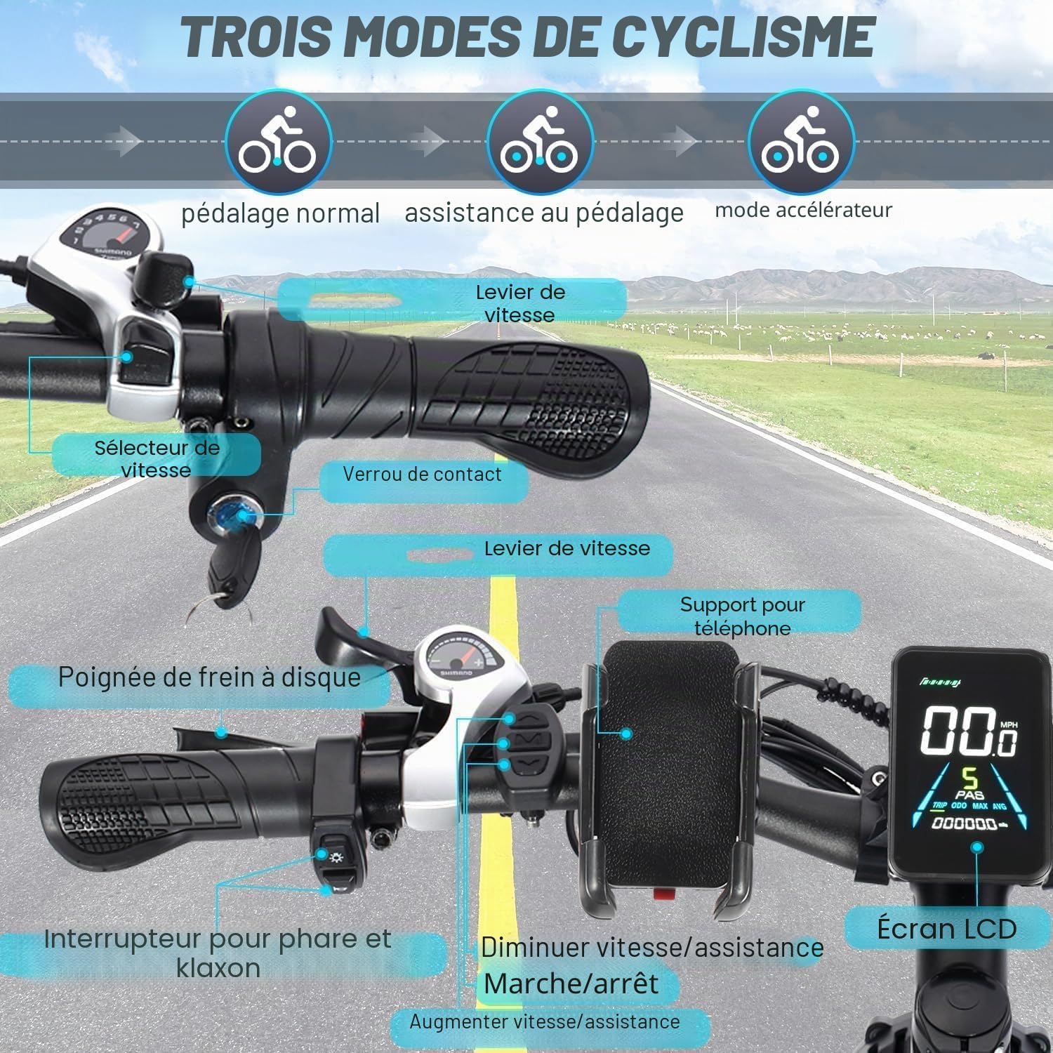 Vélo électrique pour Adultes, 26 * 4 inch Fat Tire 48V 17.5Ah Batterie Amovible autonomie 50KM-70KM vélos électriques, 21 Vitesses, Suspension Avant, Frein à Disque hydraulique