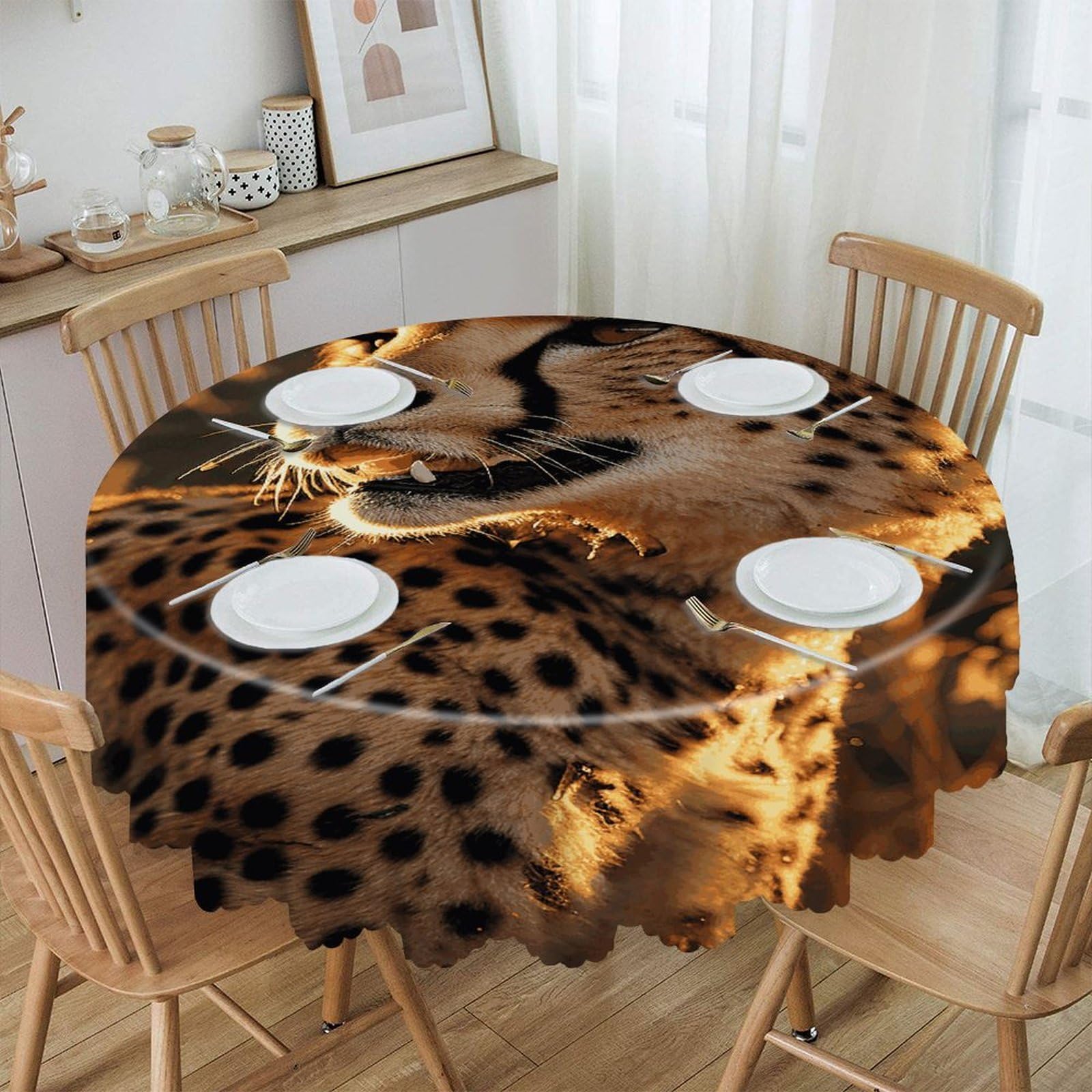 MUSM Cheetah Table Cloths Round Wrinkle Resistant Tablecloths Washable Polyester Table Cover Waterproof Decorative Washable Rustic Circle Tablecover for Kitchen Dining