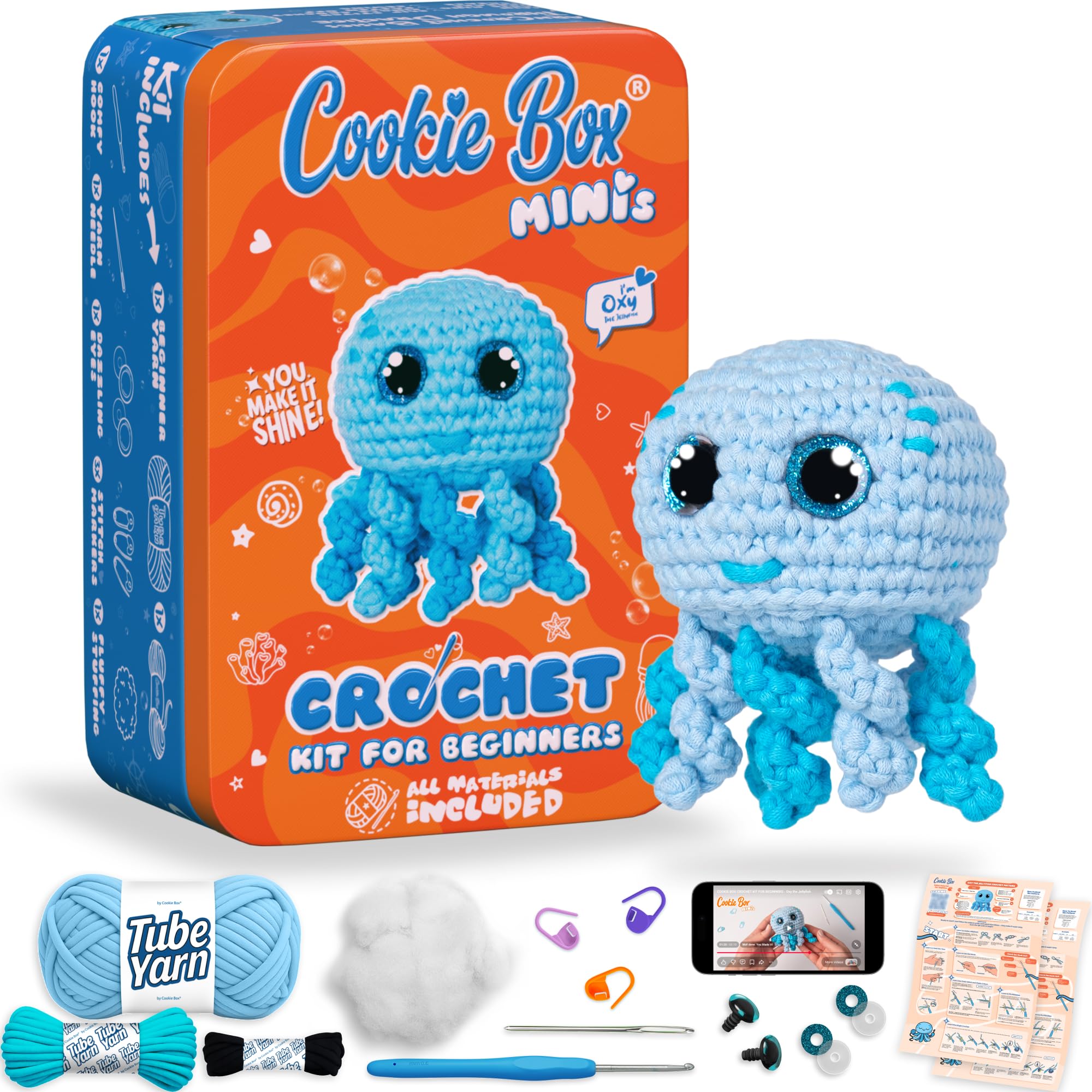 Cookie Box Crochet Kit for Beginners – Gift Set to Make Jellyfish Oxy Amigurumi Plushie – Easy DIY Crochet & Knitting Starter Kit with Printed Instructions & Step-by-Step Video Tutorial-image-39