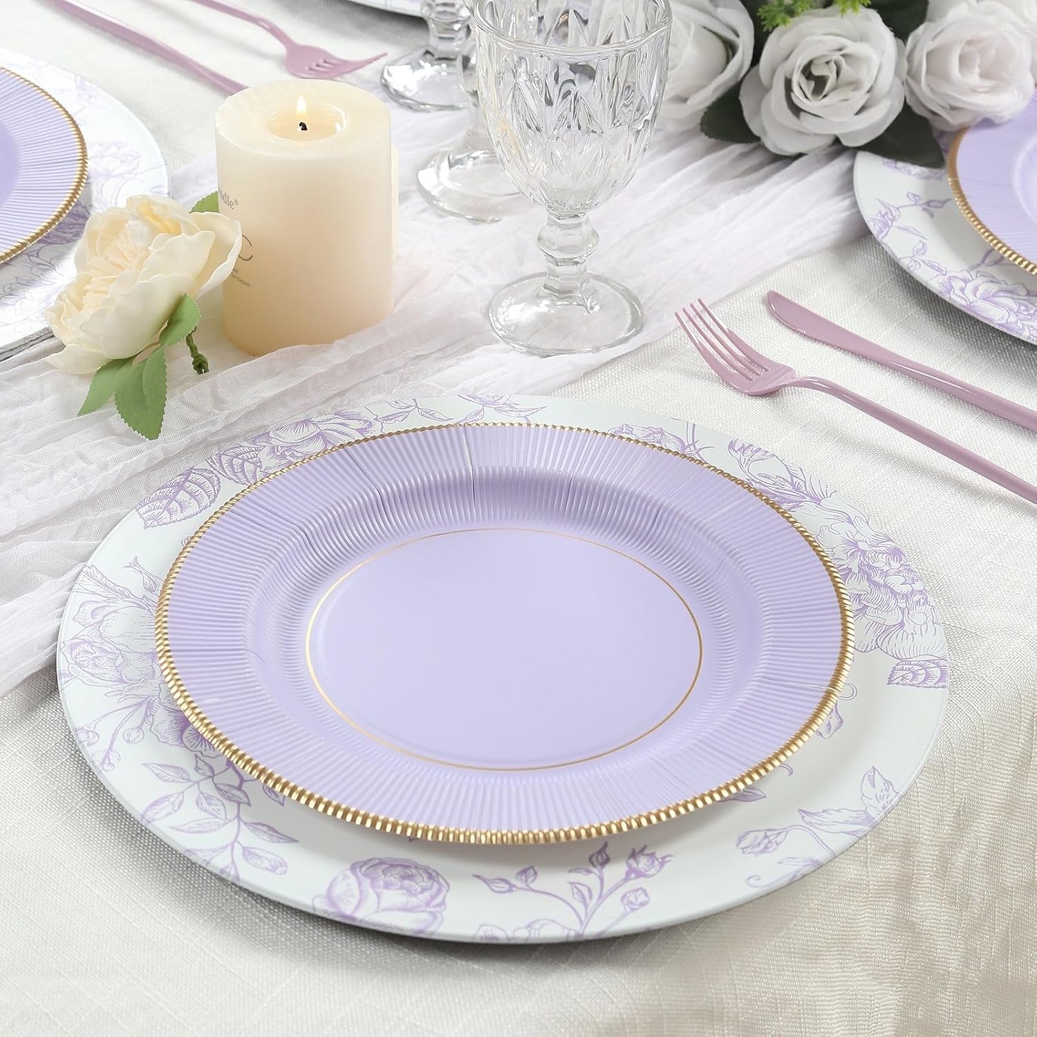 Efavormart 25-Pack 10" Lavender Lilac Sunray Paper Dinner Plates with Gold Rim, Heavy Duty 350 GSM Dinner Serving Plates with Embossed Sunburst Design