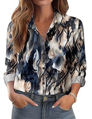 Zeagoo Button Down Shirts for Women Dressy Floral Printed Long Sleeve Blouse Business Casual Work Tops